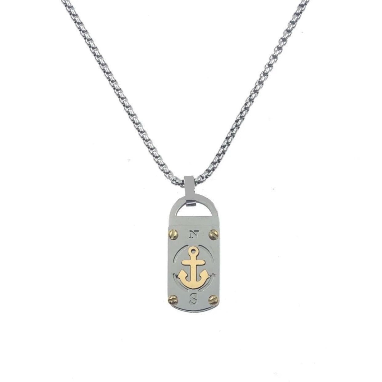 Collana con Pendente Ancora su Piastra in Acciaio Inossidabile col. Silver/Gold