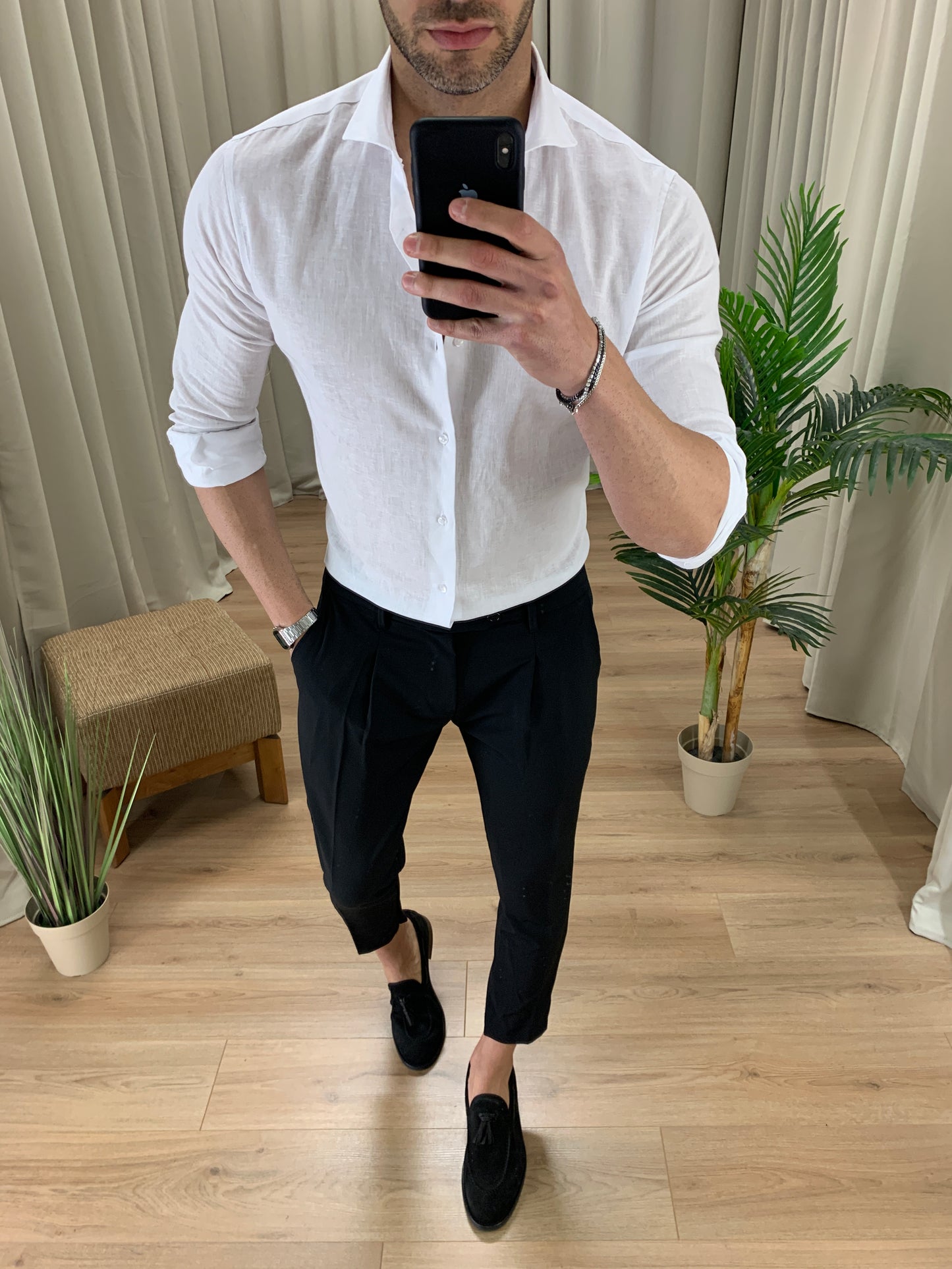 Camicia Capri in Lino collo classico col. Bianco
