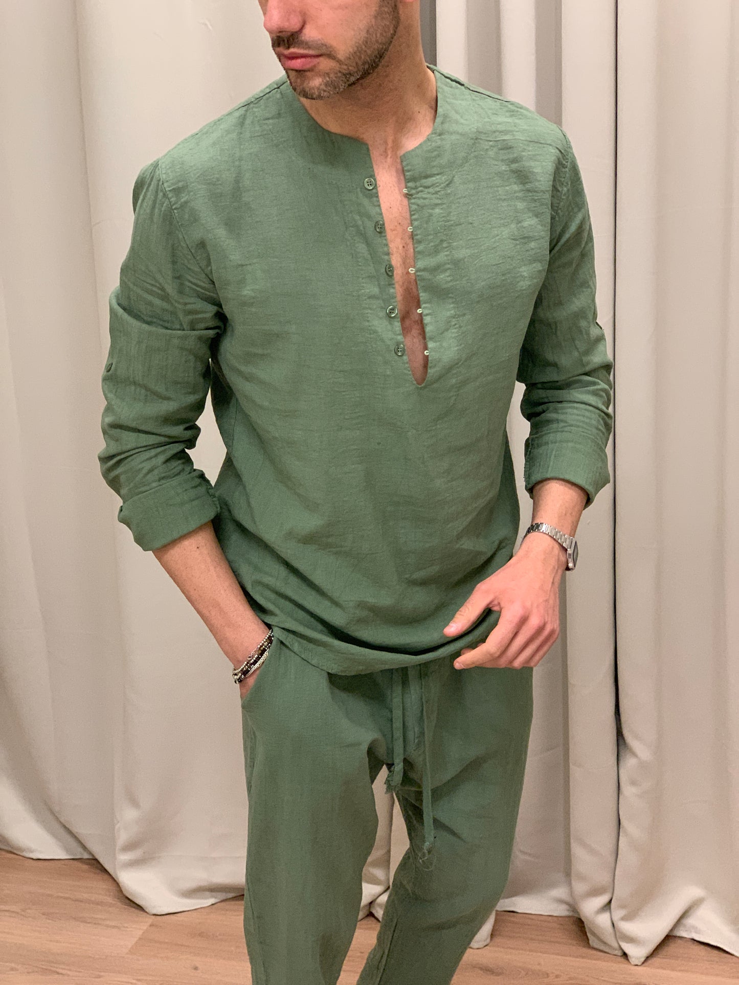 Completo Marrakech in Puro Lino Pantalone + Camicia col. Verde Militare