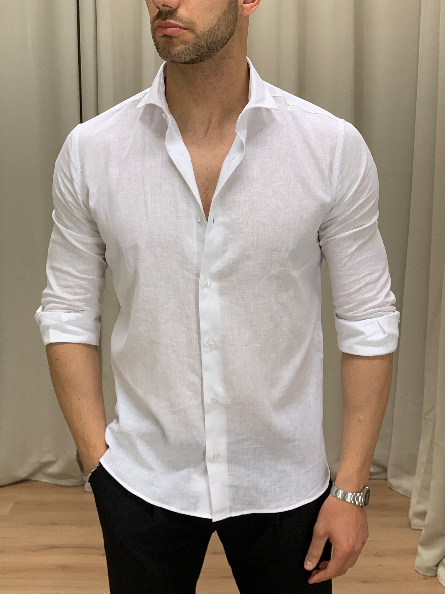 Camicia Capri in Lino collo classico col. Bianco