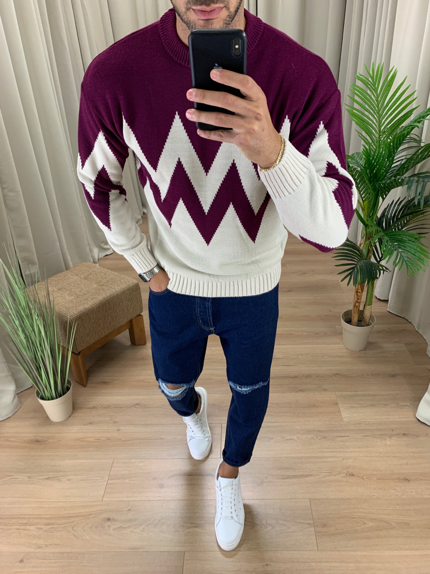 Maglioncino Les Alpes trama etnica col. Bordeaux