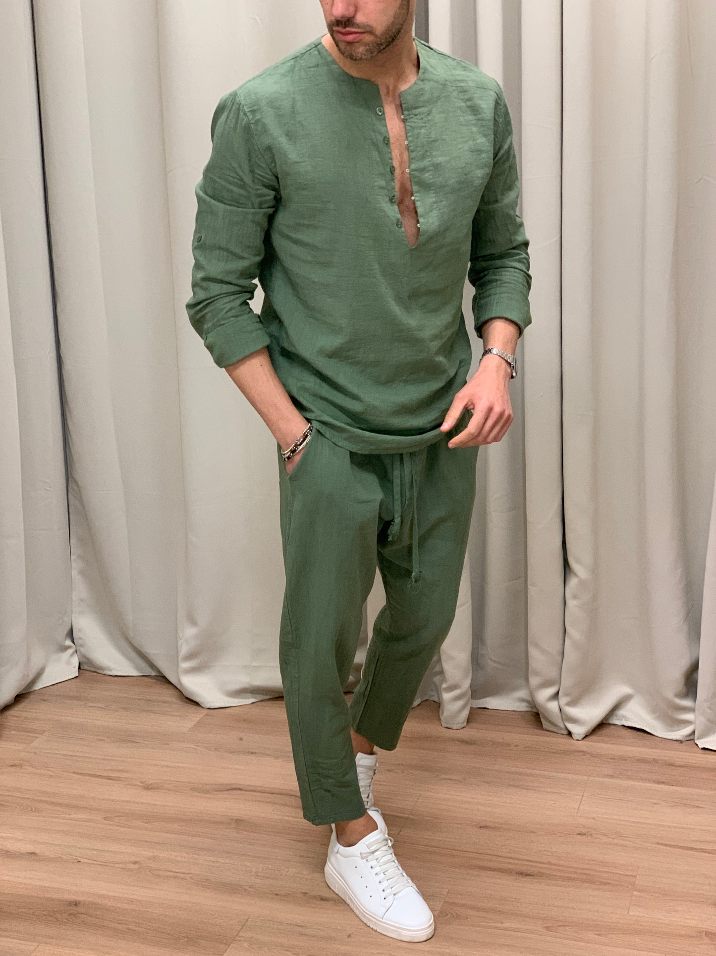 Completo Marrakech in Puro Lino Pantalone + Camicia col. Verde Militare