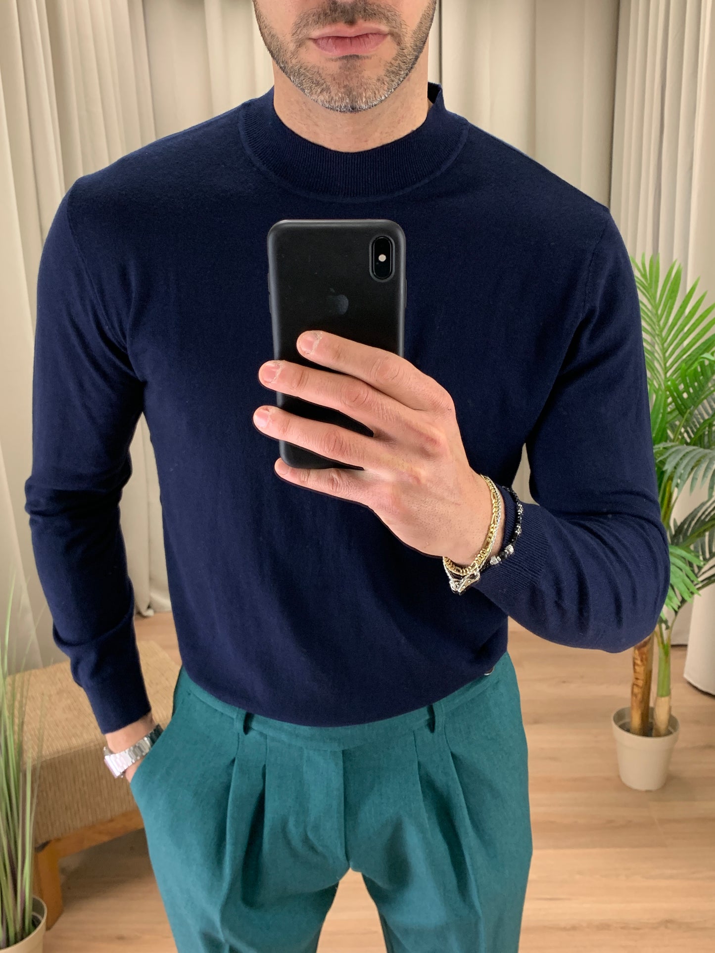 Maglioncino Mockneck in misto Lana col. Blu Notte