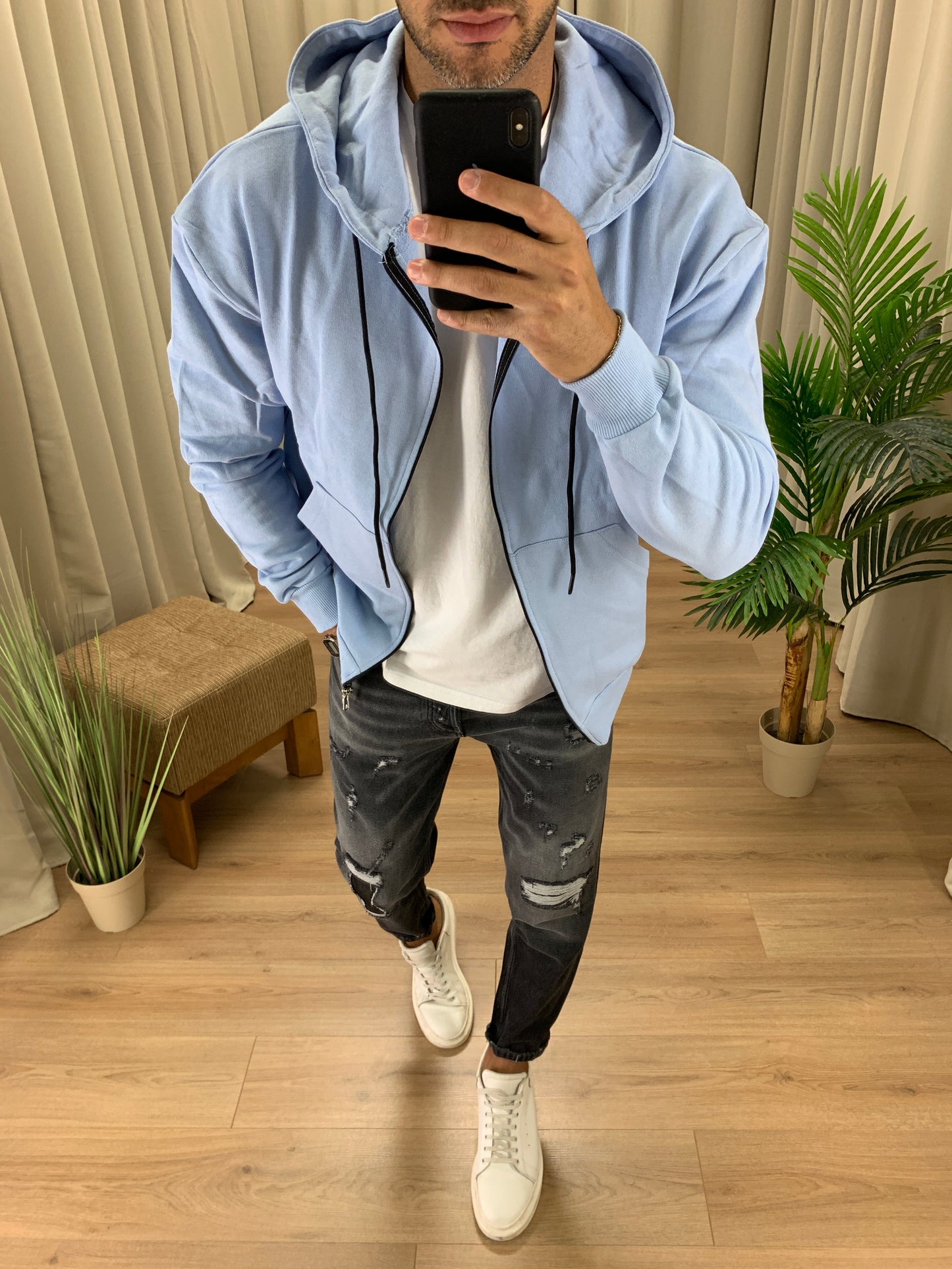 Felpa Rocky con Cappuccio e Zip col. Celeste