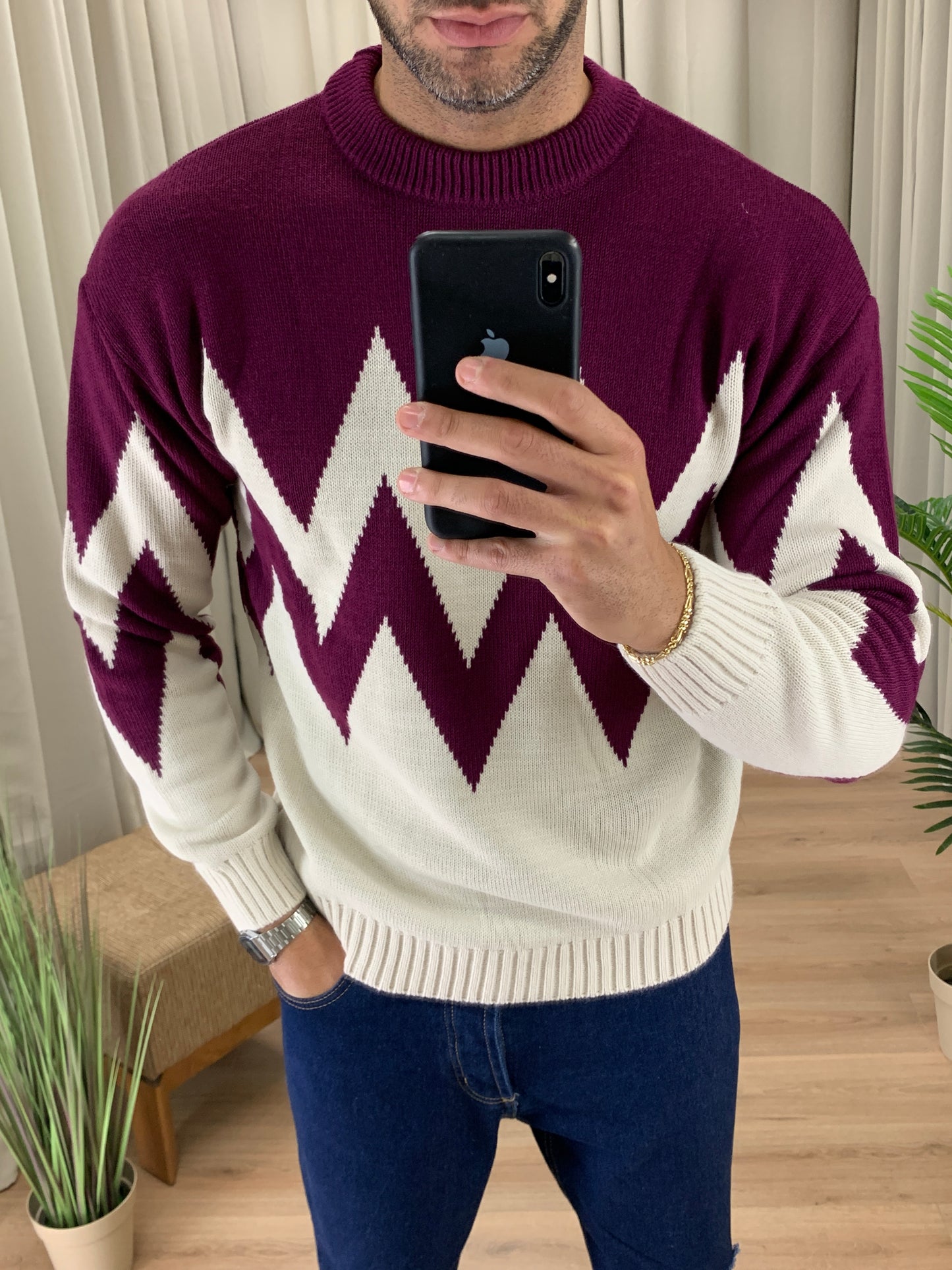 Maglioncino Les Alpes trama etnica col. Bordeaux
