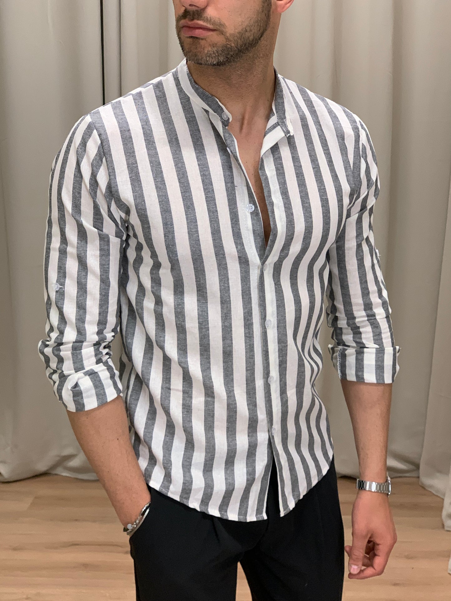 Camicia Sirolo a righe in Lino col. Nero