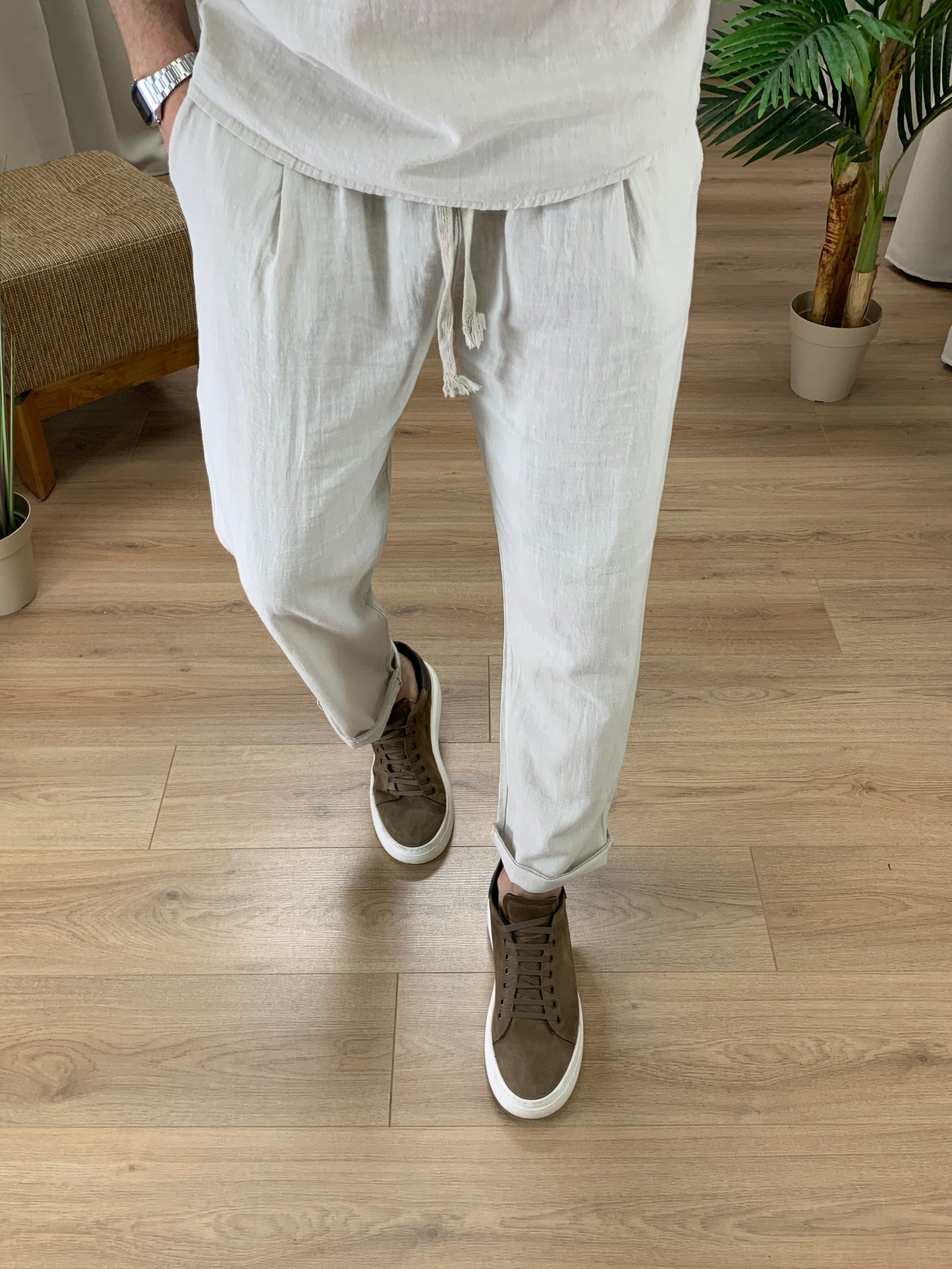 Completo in Lino con Lacci in Corda Pantalone + Camicia col. Avorio