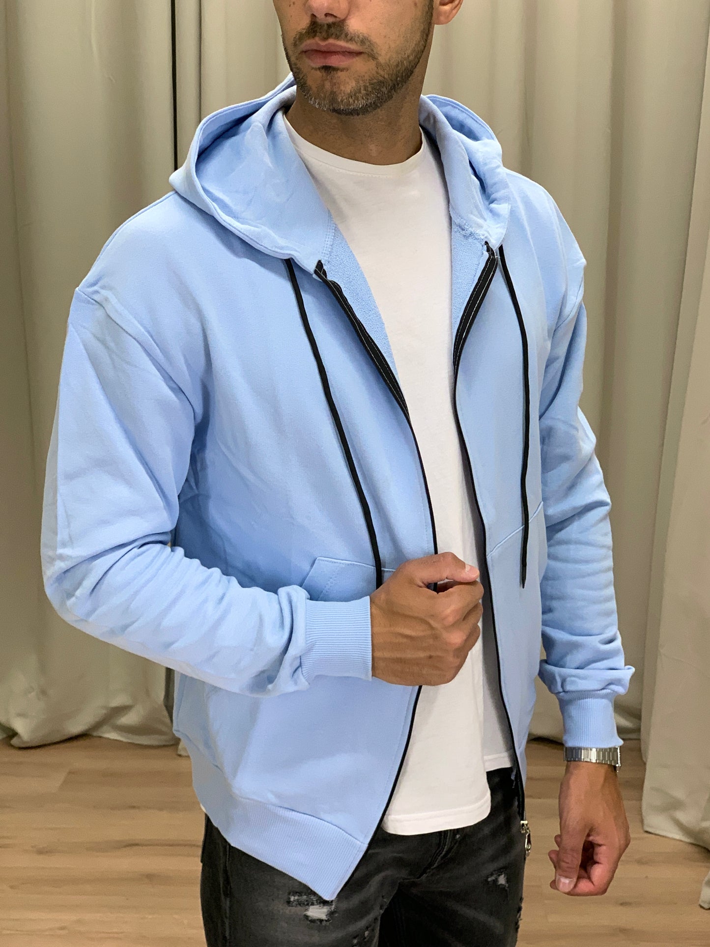Felpa Rocky con Cappuccio e Zip col. Celeste