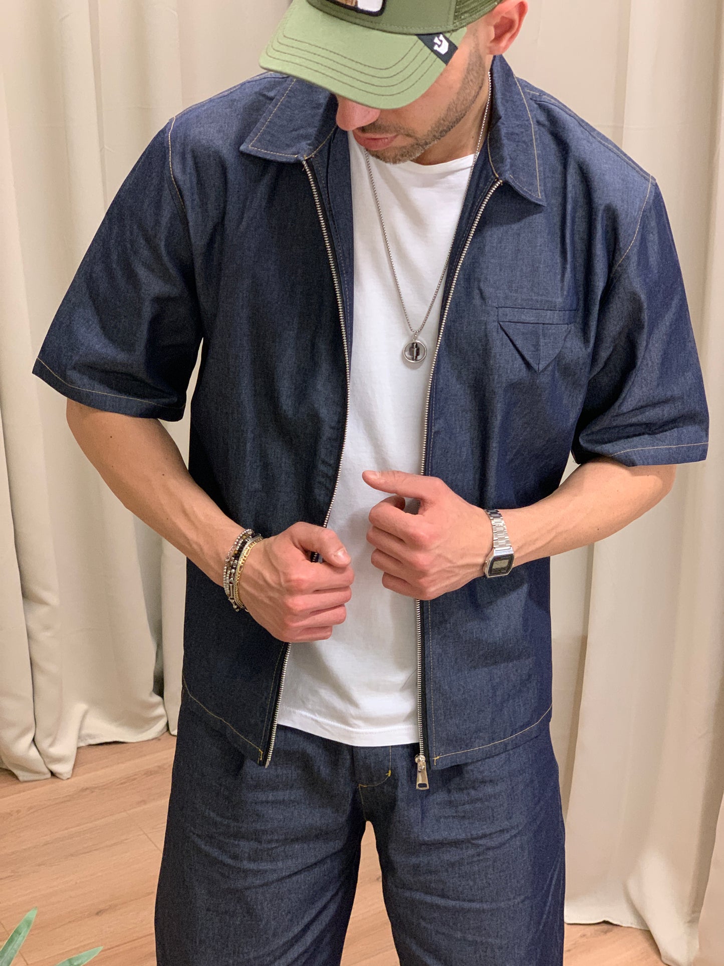 Completo Camicia con Zip e Taschino + Bermuda col. Denim