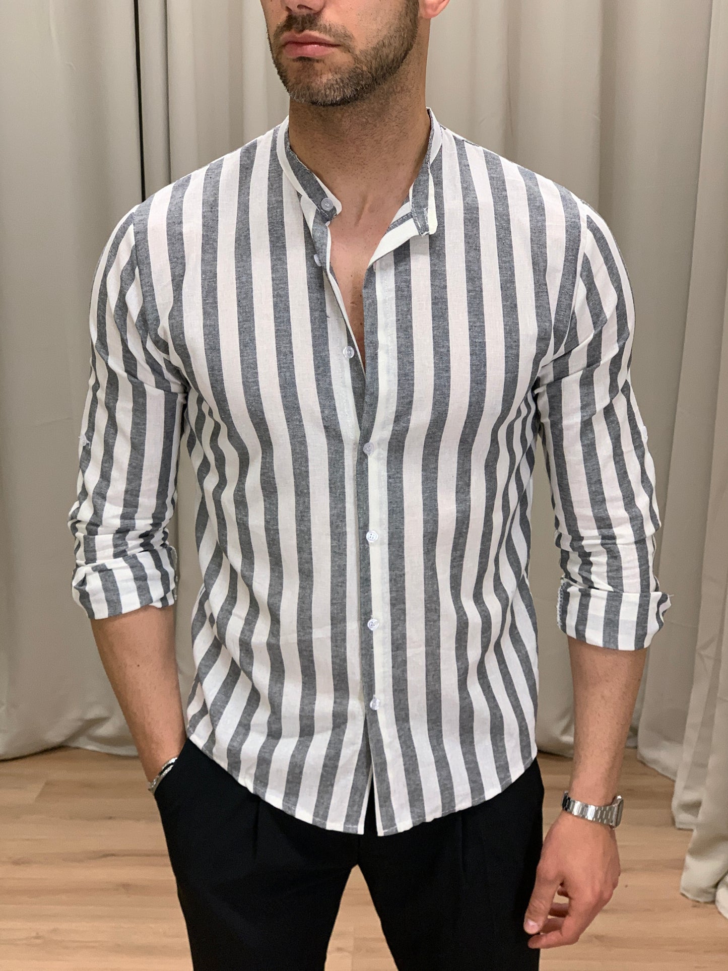 Camicia Sirolo a righe in Lino col. Nero
