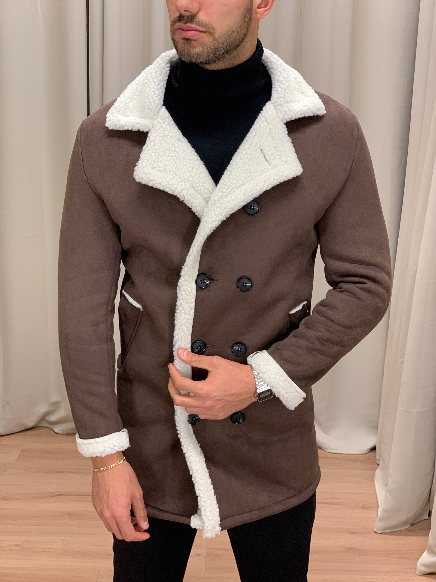 Cappotto doppiopetto Effetto Montone col. Marrone