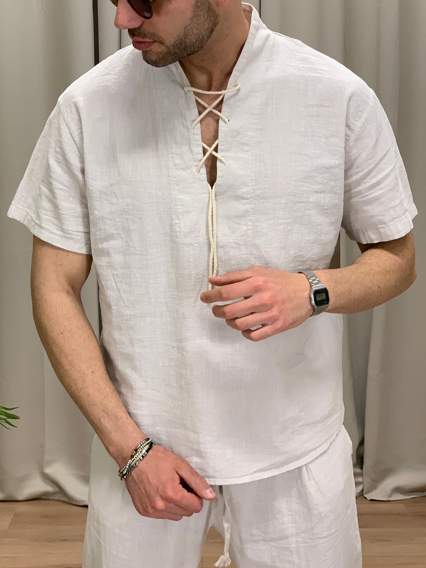 Completo in Lino con Lacci in Corda Pantalone + Camicia col. Avorio