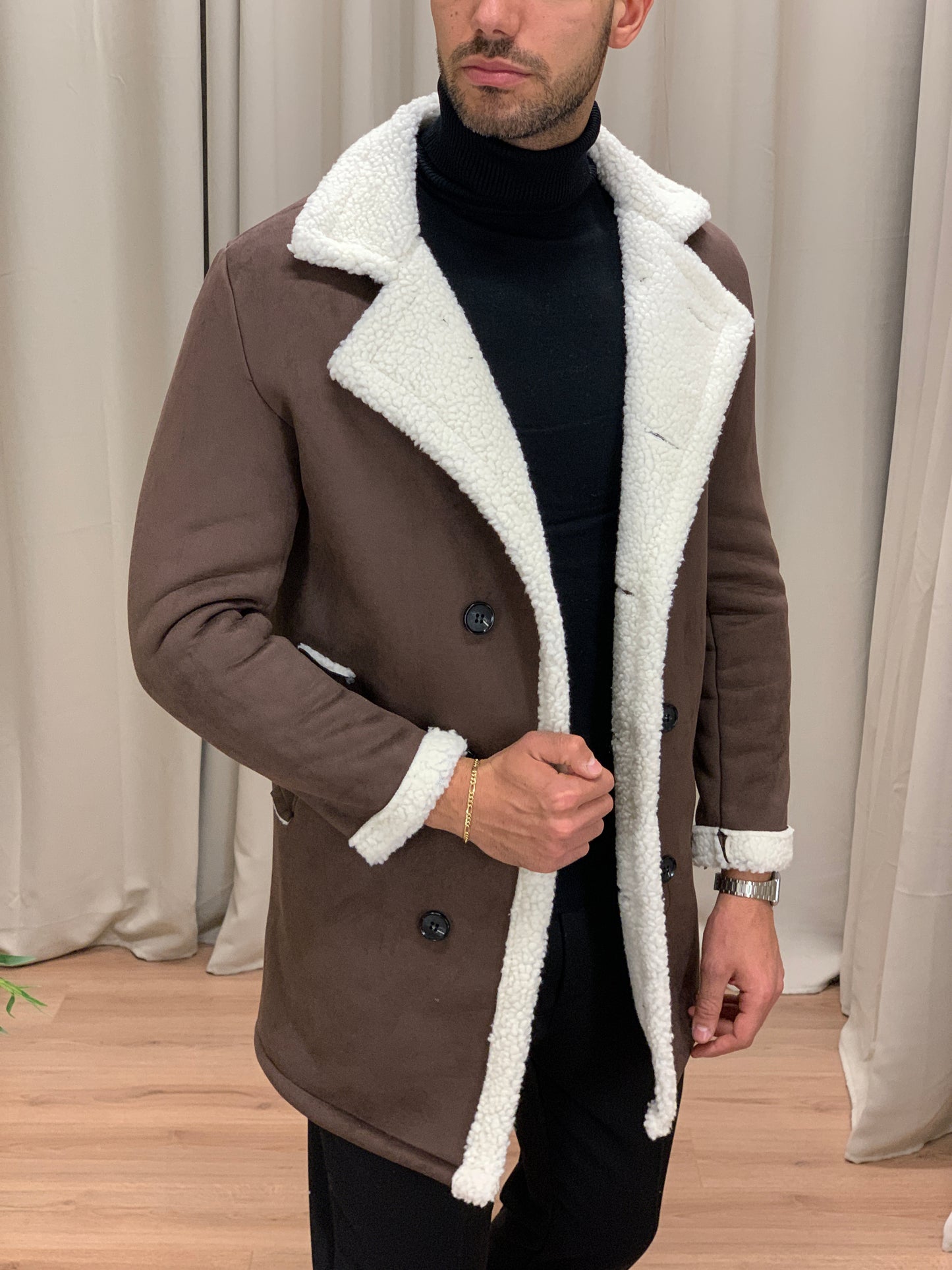 Cappotto doppiopetto Effetto Montone col. Marrone