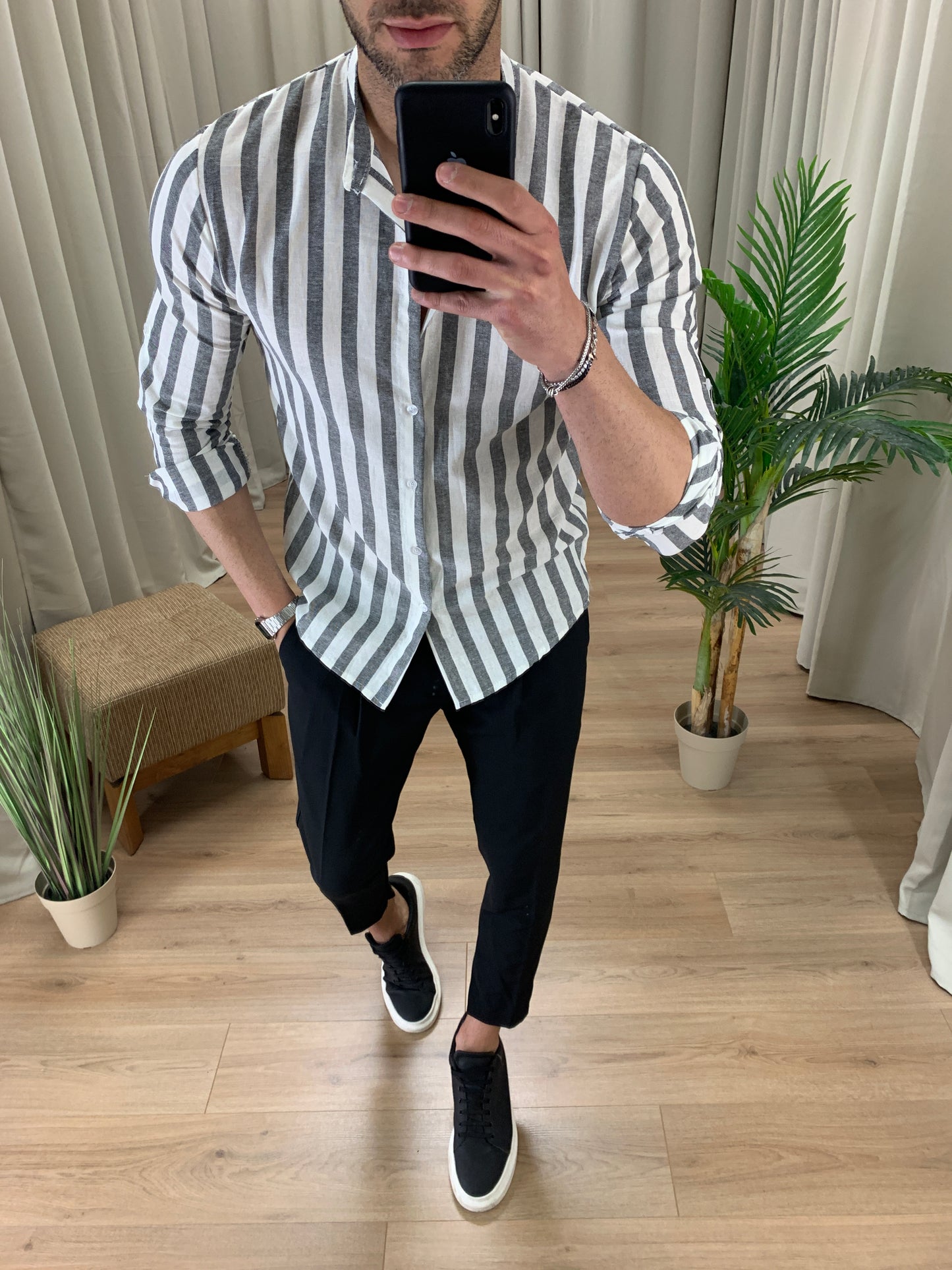 Camicia Sirolo a righe in Lino col. Nero