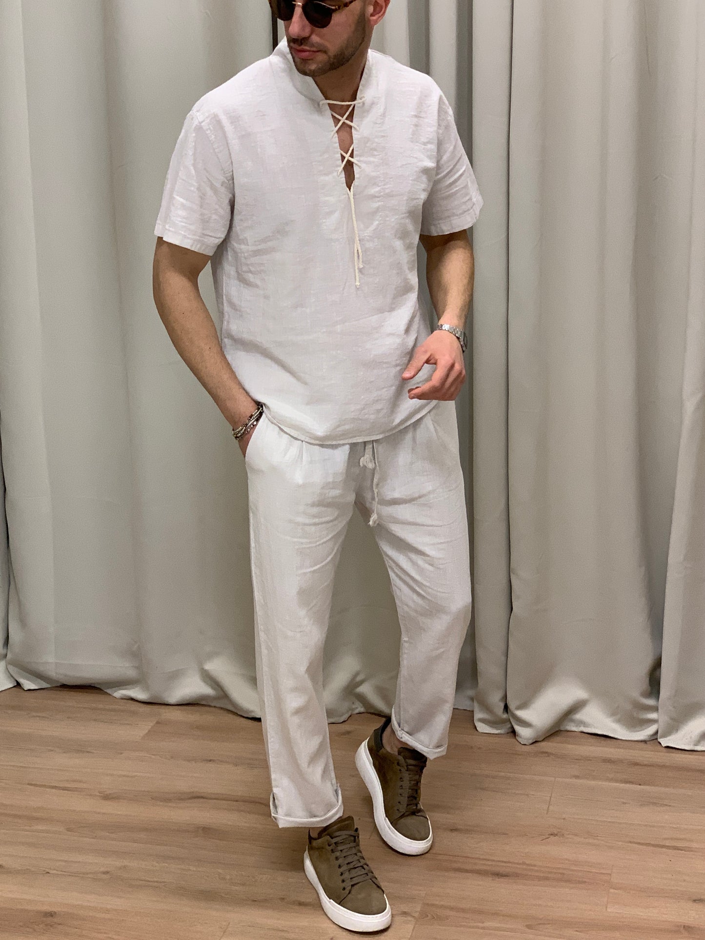 Completo in Lino con Lacci in Corda Pantalone + Camicia col. Avorio