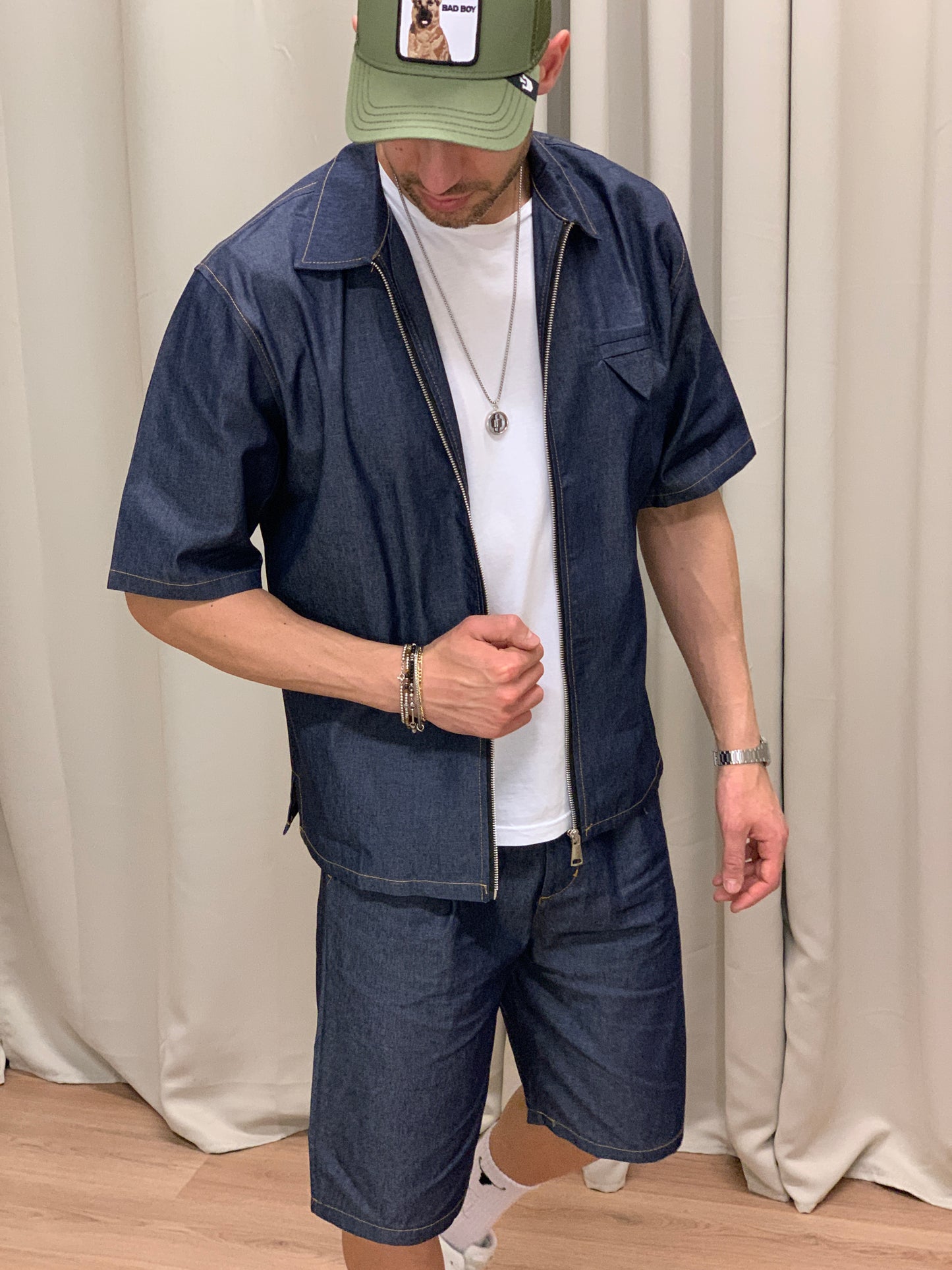 Completo Camicia con Zip e Taschino + Bermuda col. Denim
