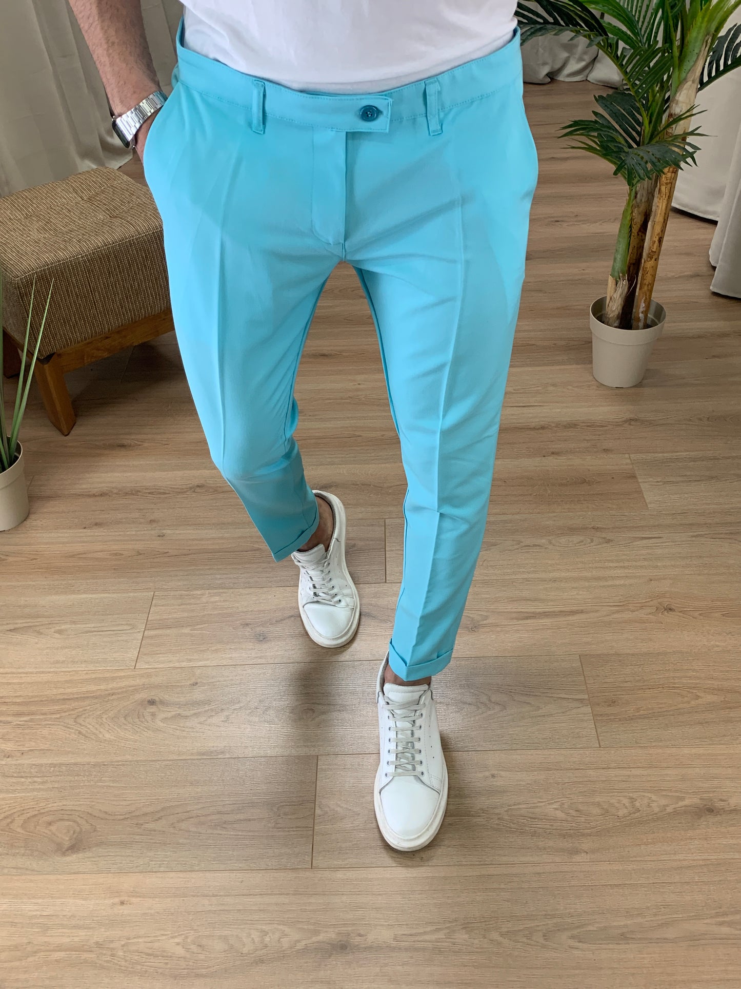 Pantalone Valencia con risvolto col. Turchese