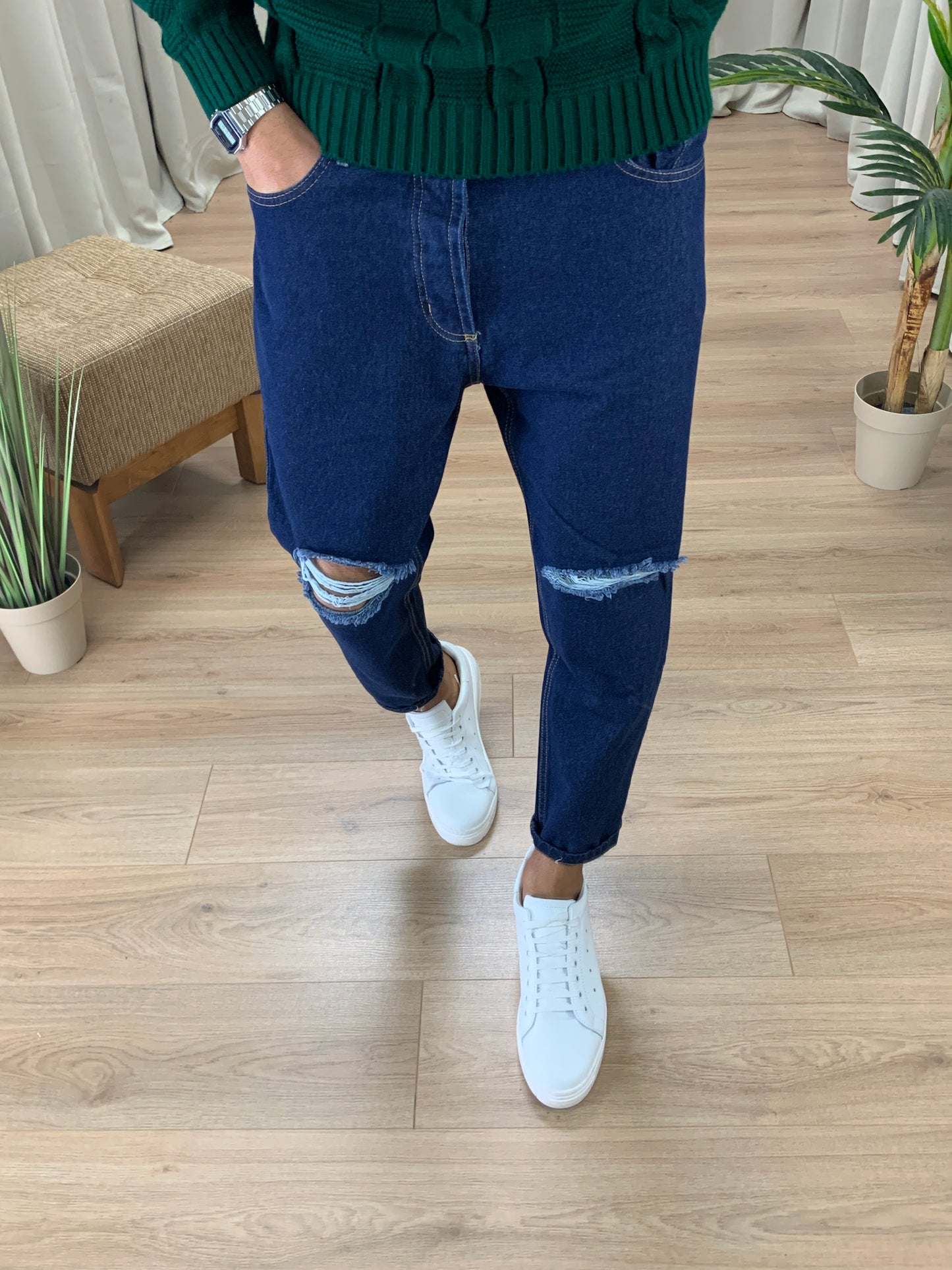 Jeans Zoom con Tagli al Ginocchio col. Denim