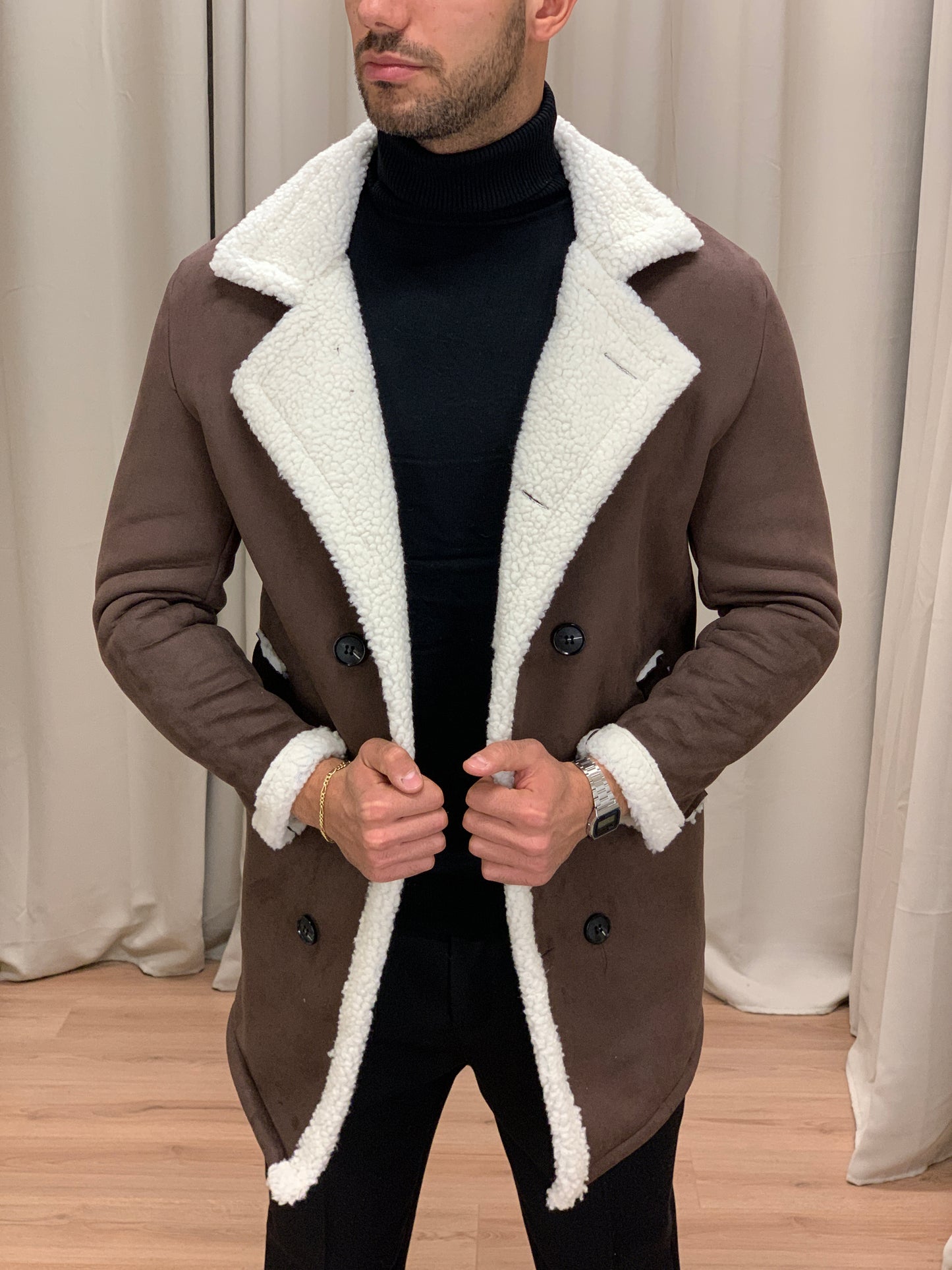 Cappotto doppiopetto Effetto Montone col. Marrone