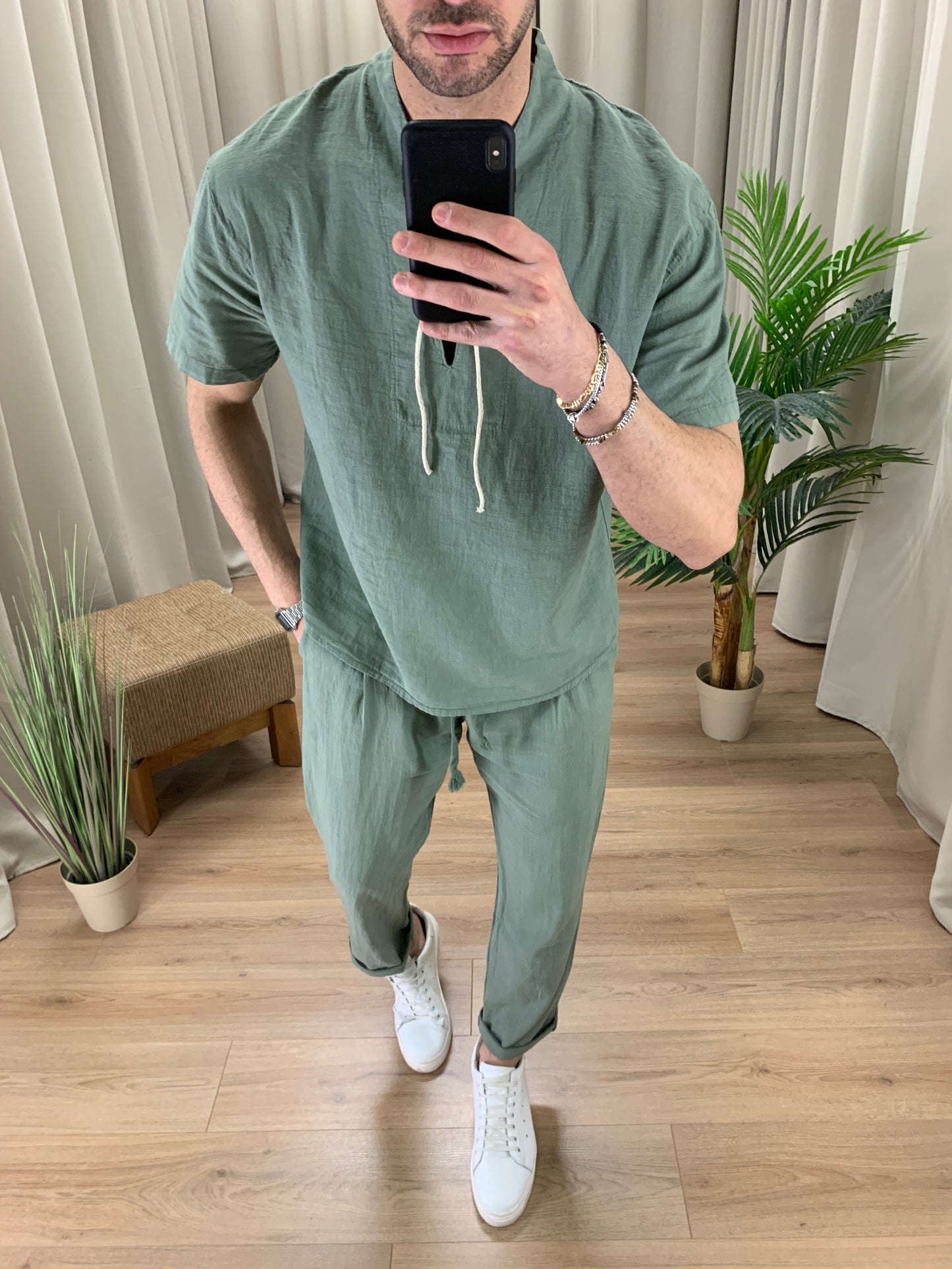 Completo in Lino con Lacci in Corda Pantalone + Camicia col. Salvia