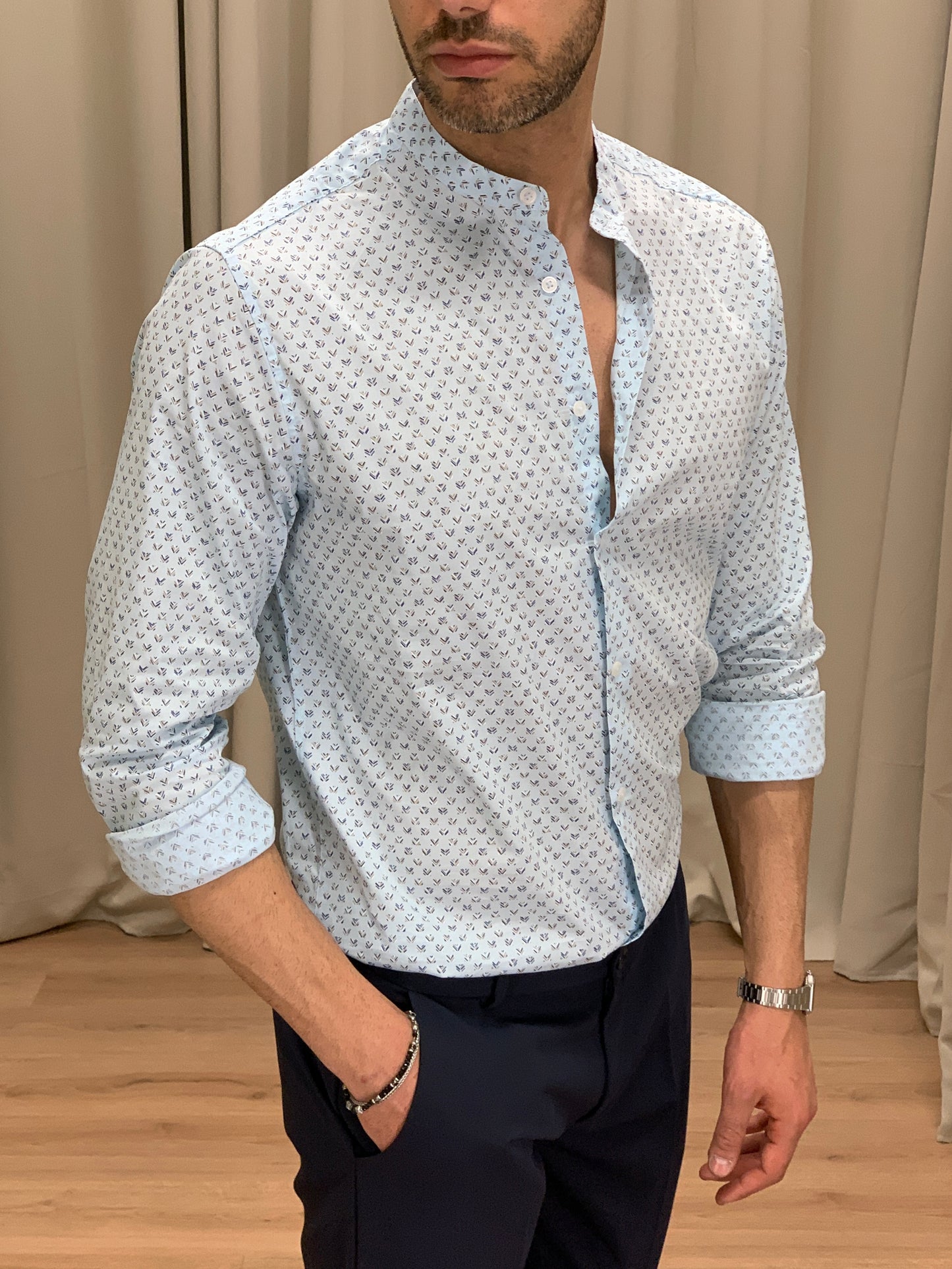 Camicia Blu Creep in Cotone con Fantasia col. Celeste