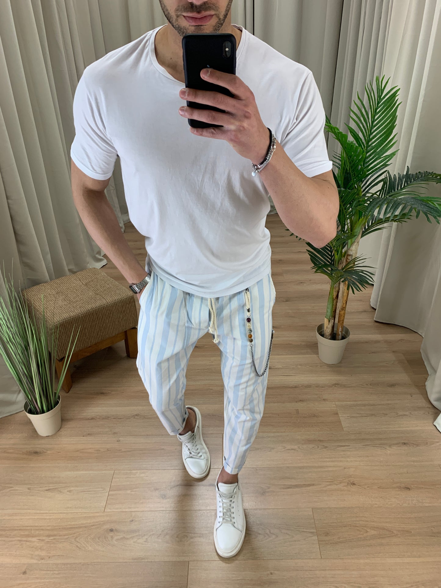 Pantalaccio Summer a righe effetto Lino col. Celeste