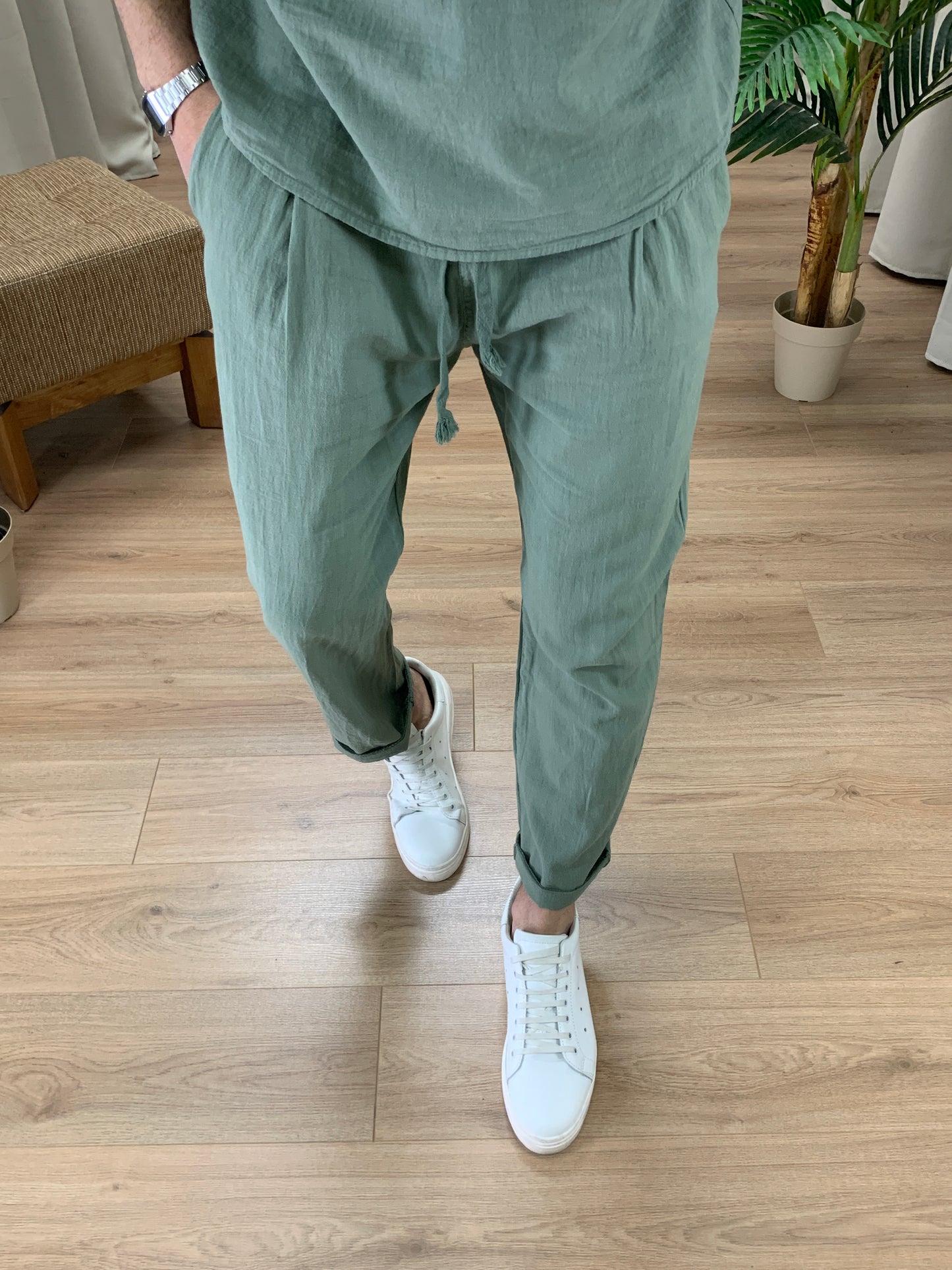 Completo in Lino con Lacci in Corda Pantalone + Camicia col. Salvia
