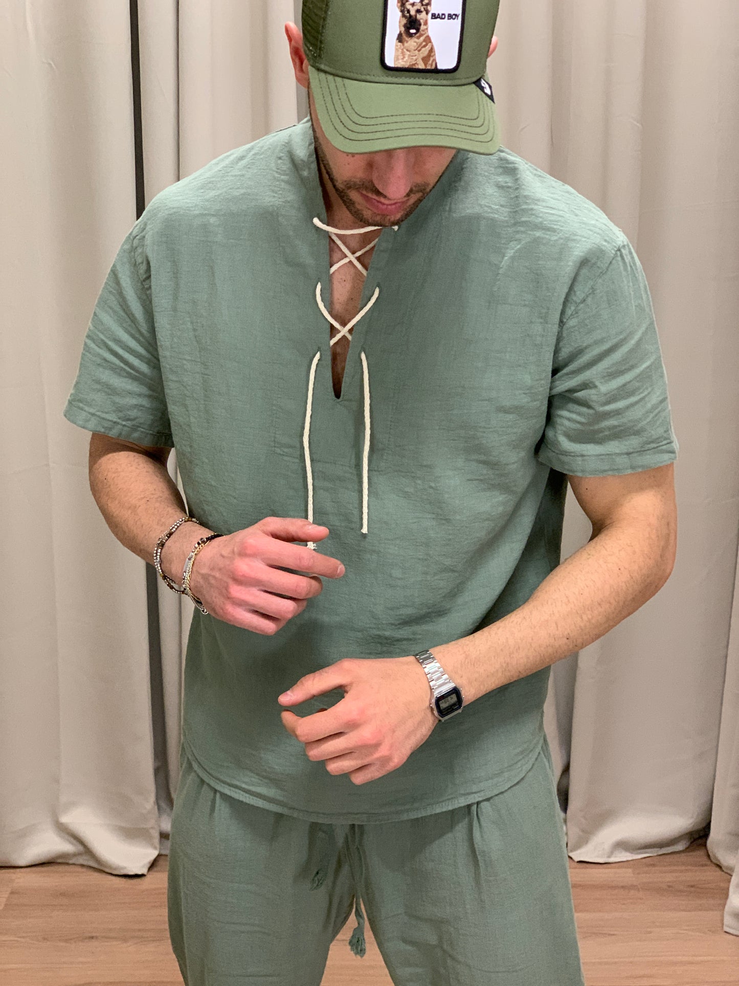 Completo in Lino con Lacci in Corda Pantalone + Camicia col. Salvia