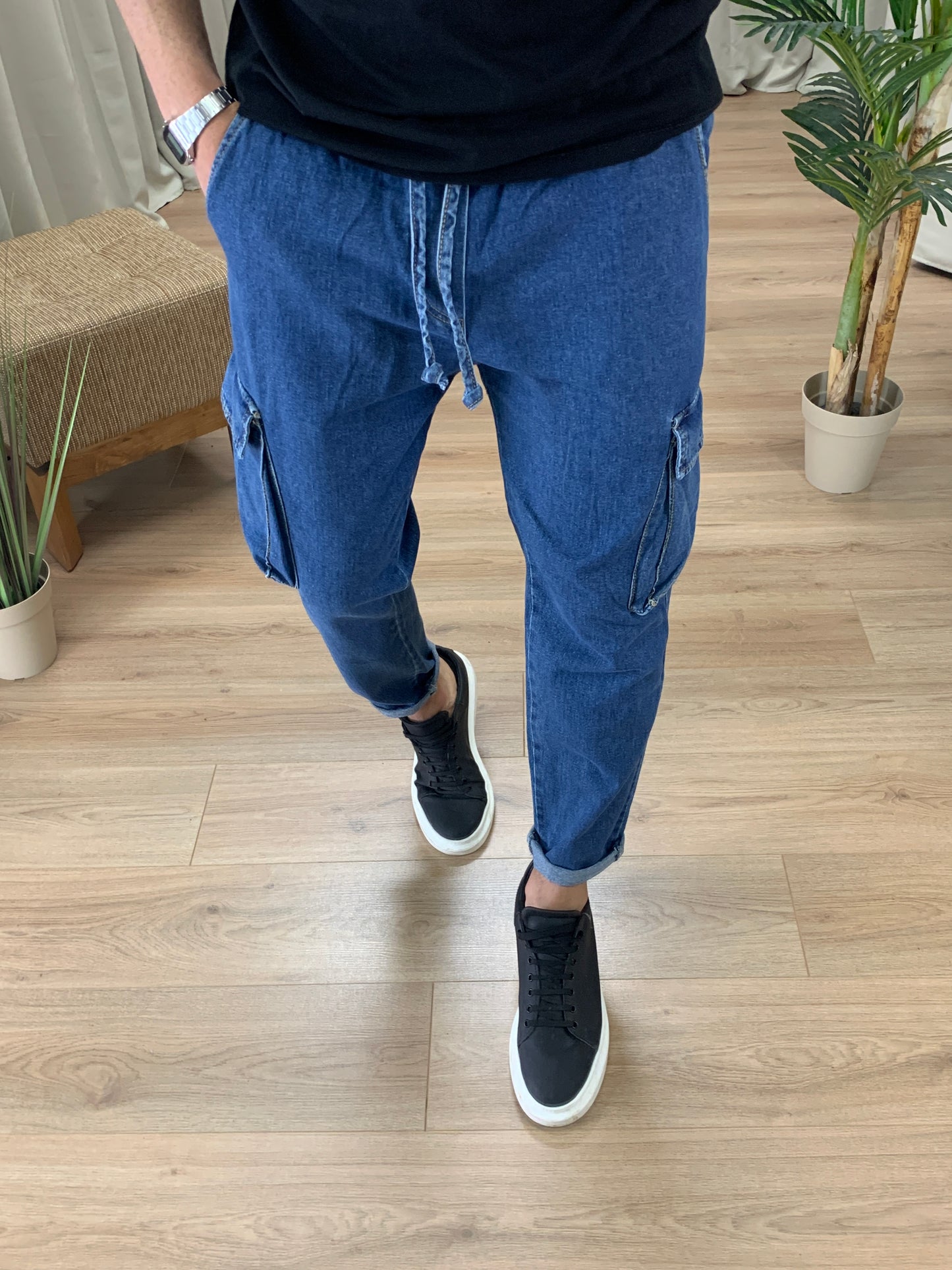 Jeans Vinicius Cargo con elastico in vita col. Denim