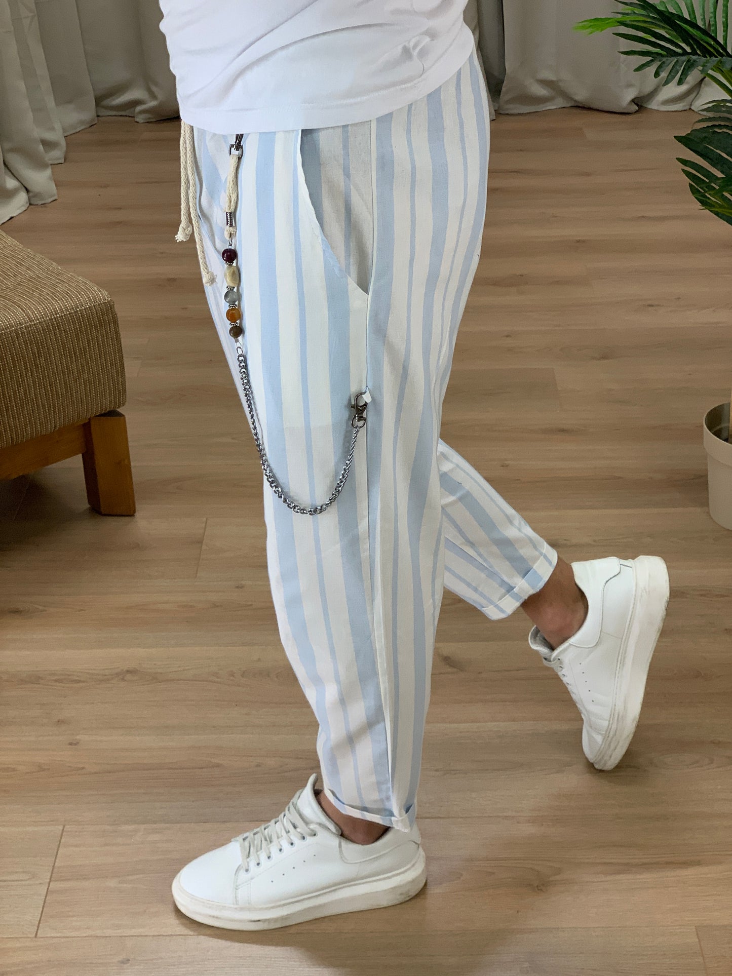 Pantalaccio Summer a righe effetto Lino col. Celeste