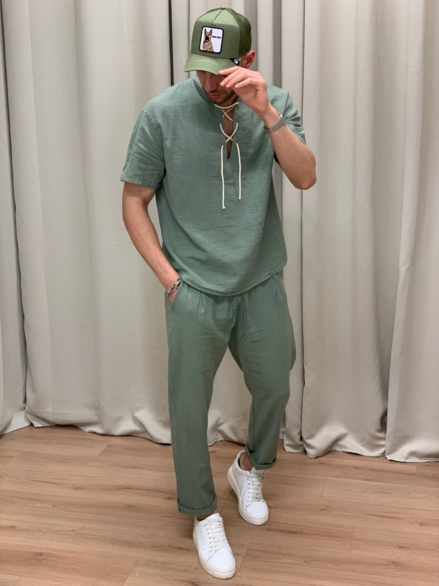 Completo in Lino con Lacci in Corda Pantalone + Camicia col. Salvia