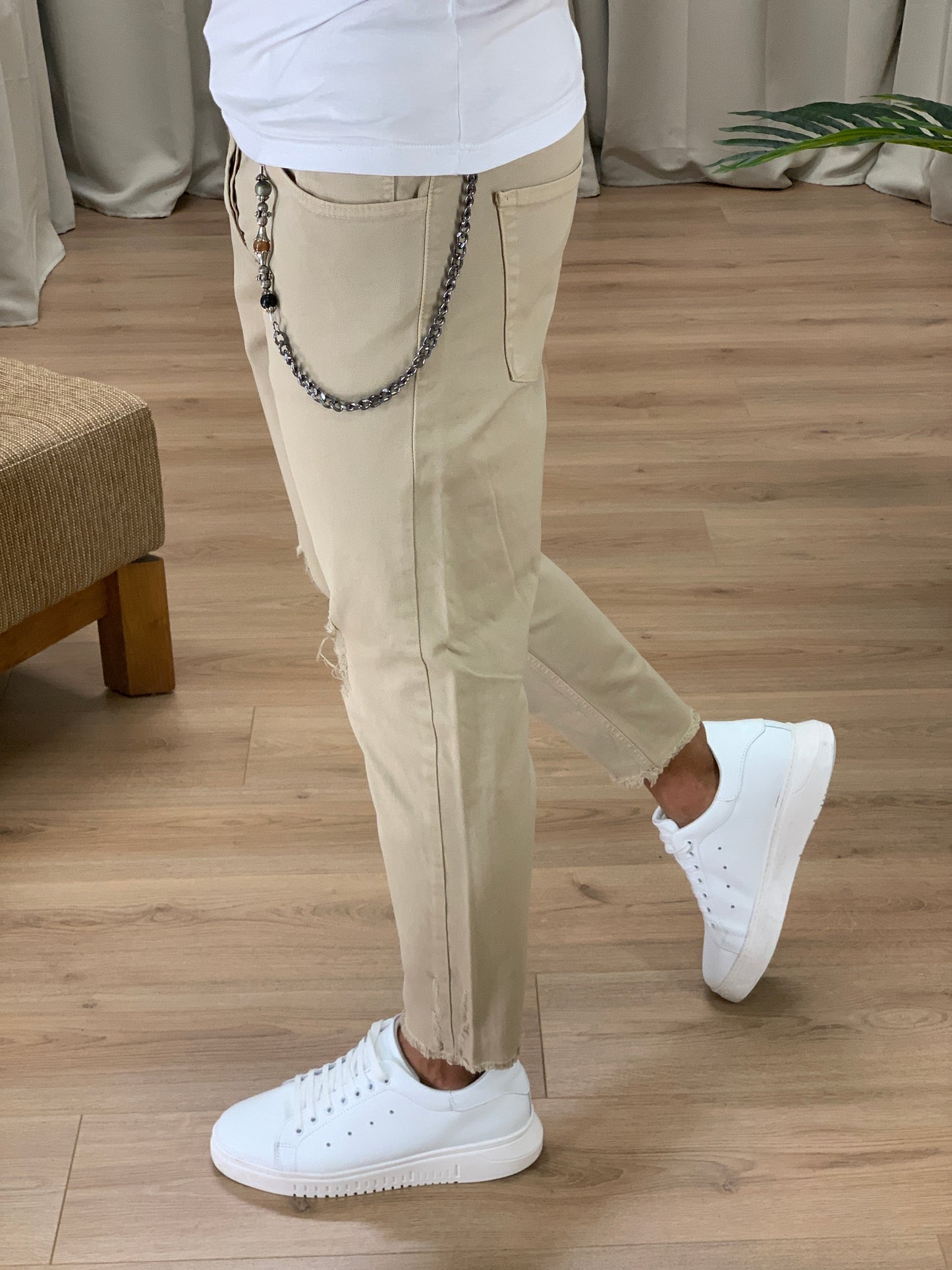 Jeans Mendes Sfrangiato alla Caviglia col. Beige