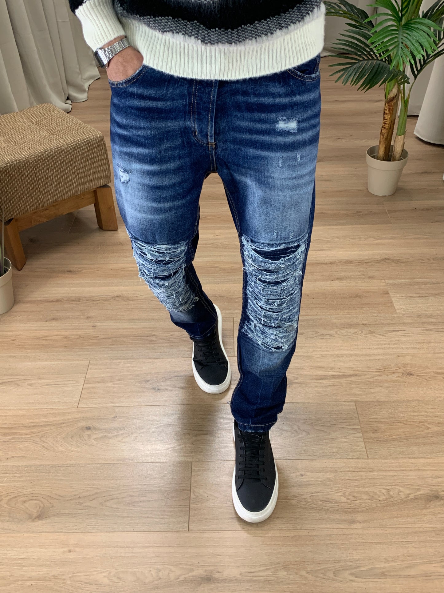 Jeans Zex con Rotture Biker col. Denim