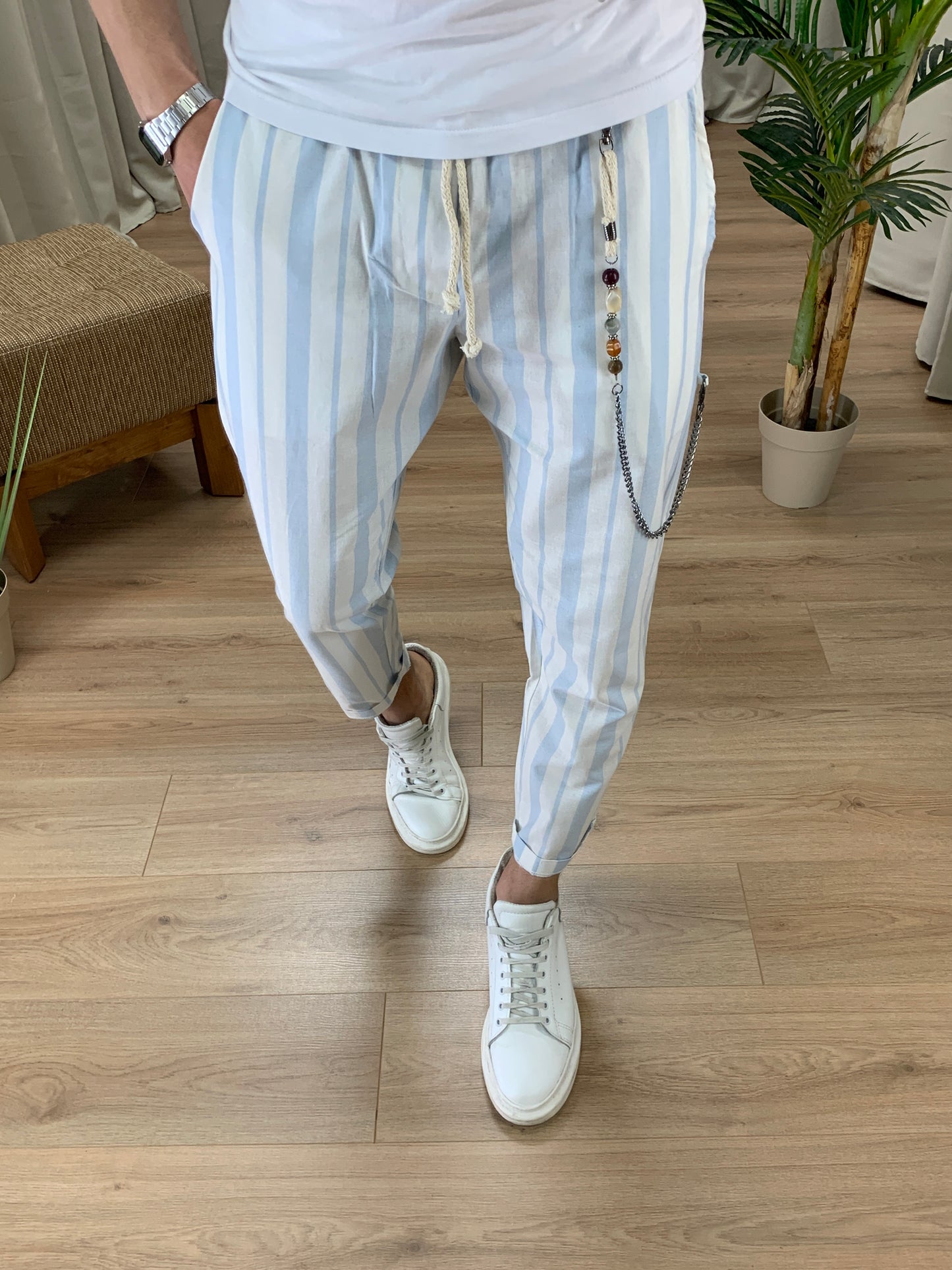 Pantalaccio Summer a righe effetto Lino col. Celeste