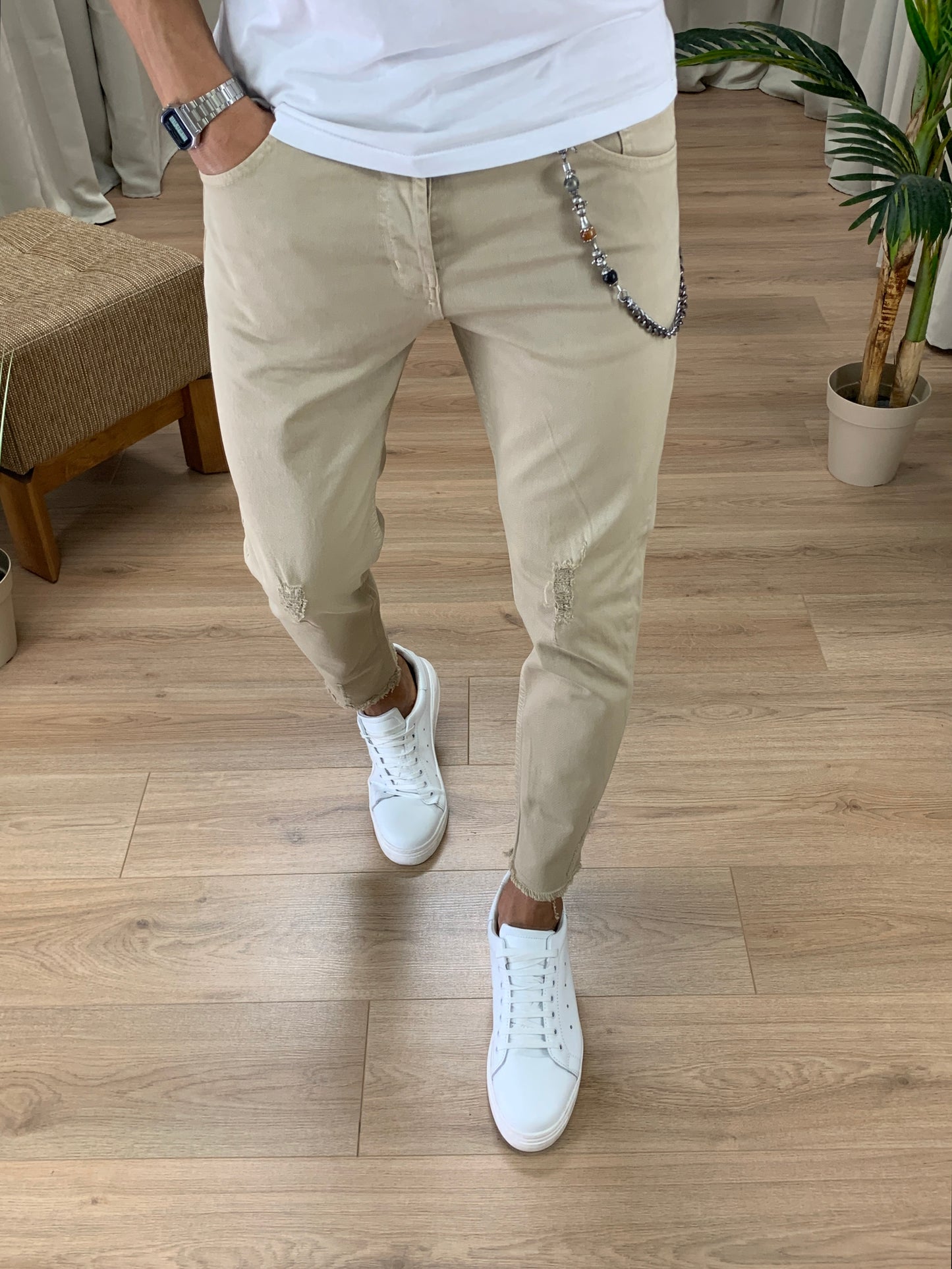 Jeans Mendes Sfrangiato alla Caviglia col. Beige