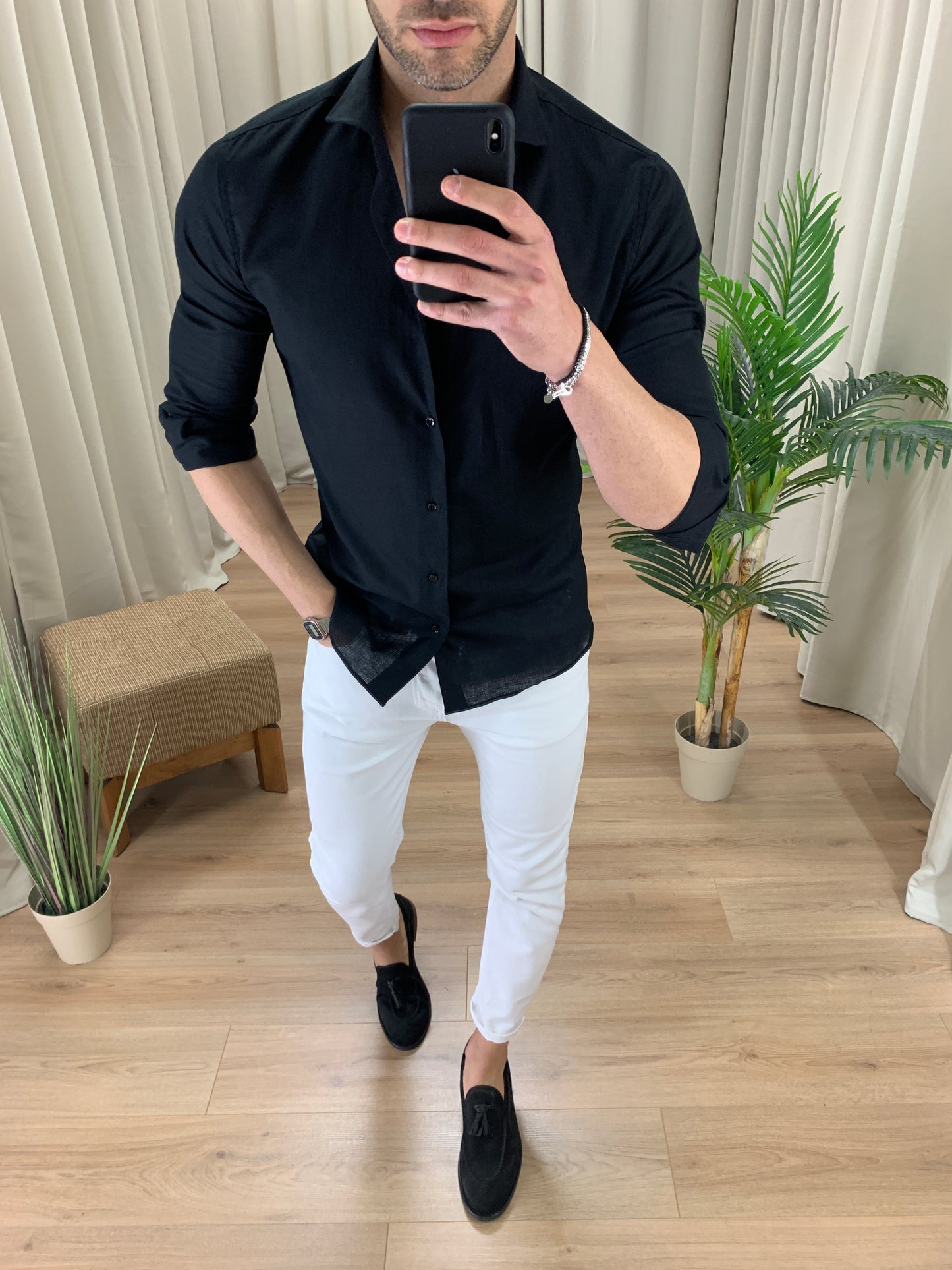 Camicia Capri in Lino collo classico col. Nero