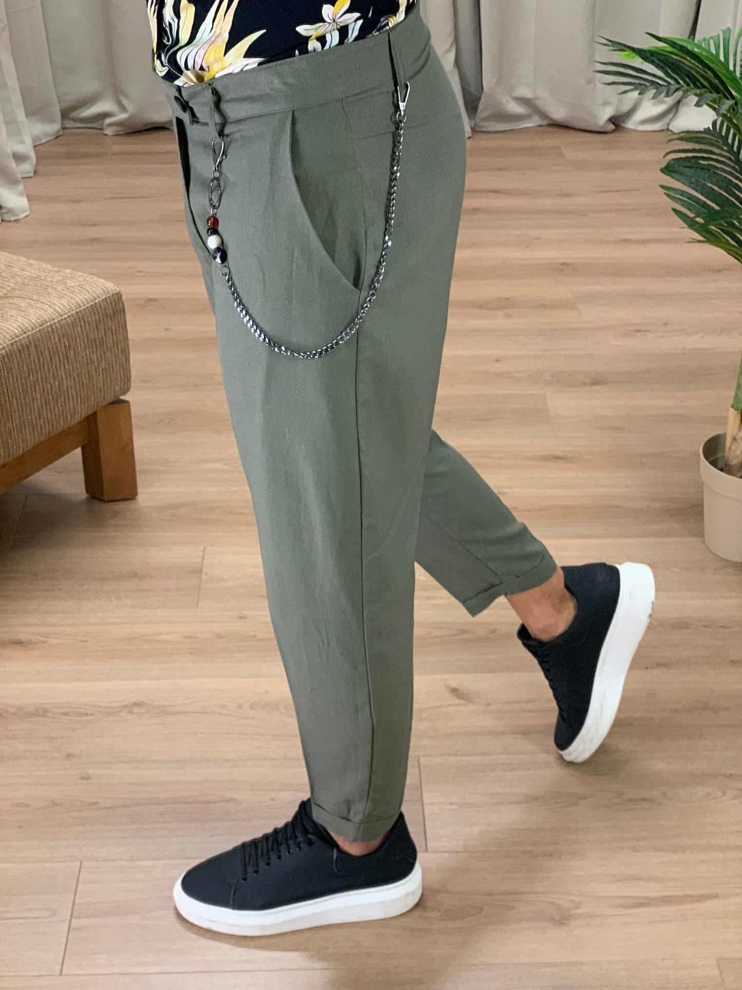 Pantalone Naama Bay in Lino con Catena col. Verde Militare