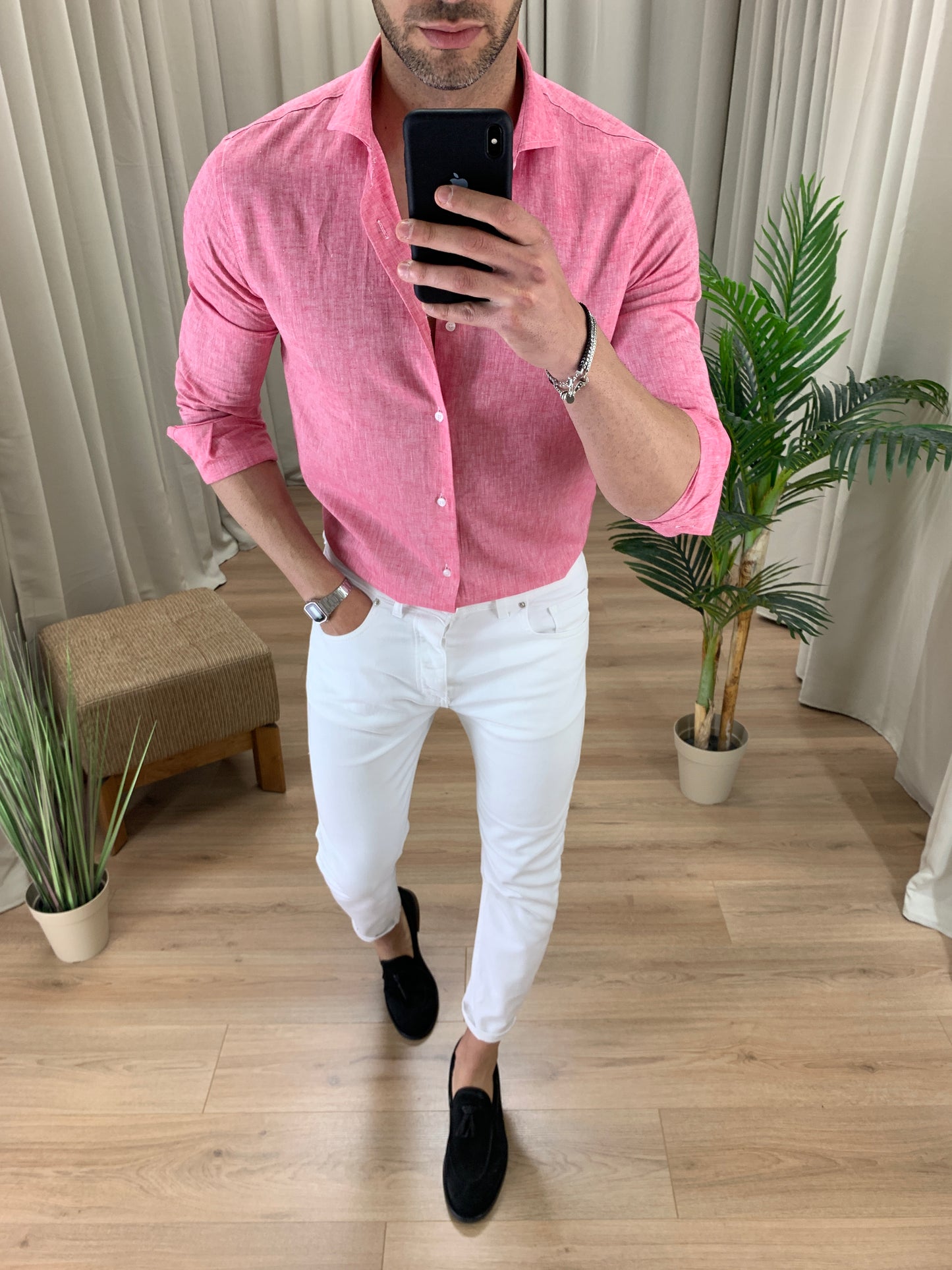 Camicia Capri in Lino collo classico col. Rosa Shock