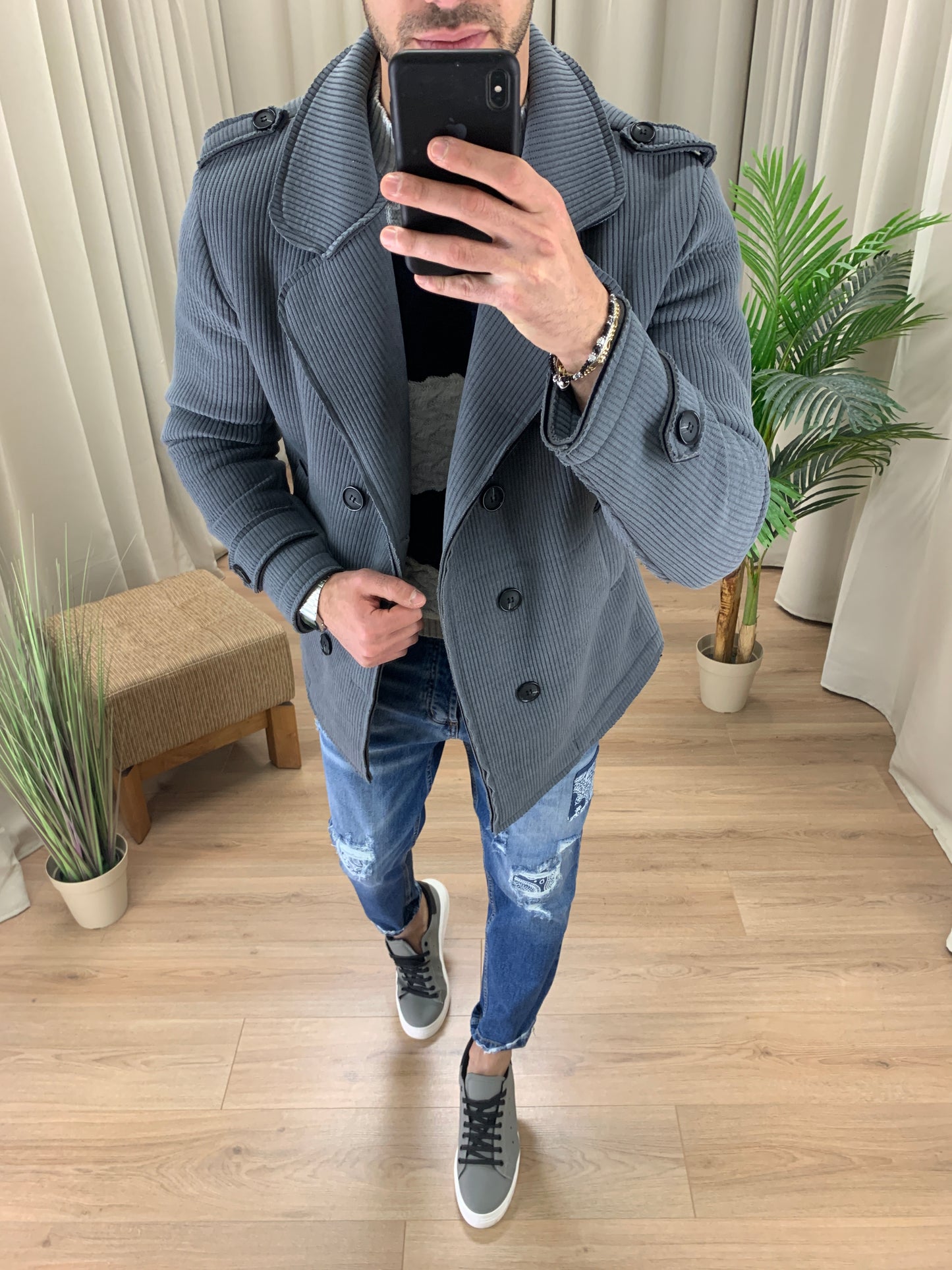 Cappotto Noes doppiopetto in Neoprene a Costine col. Grigio
