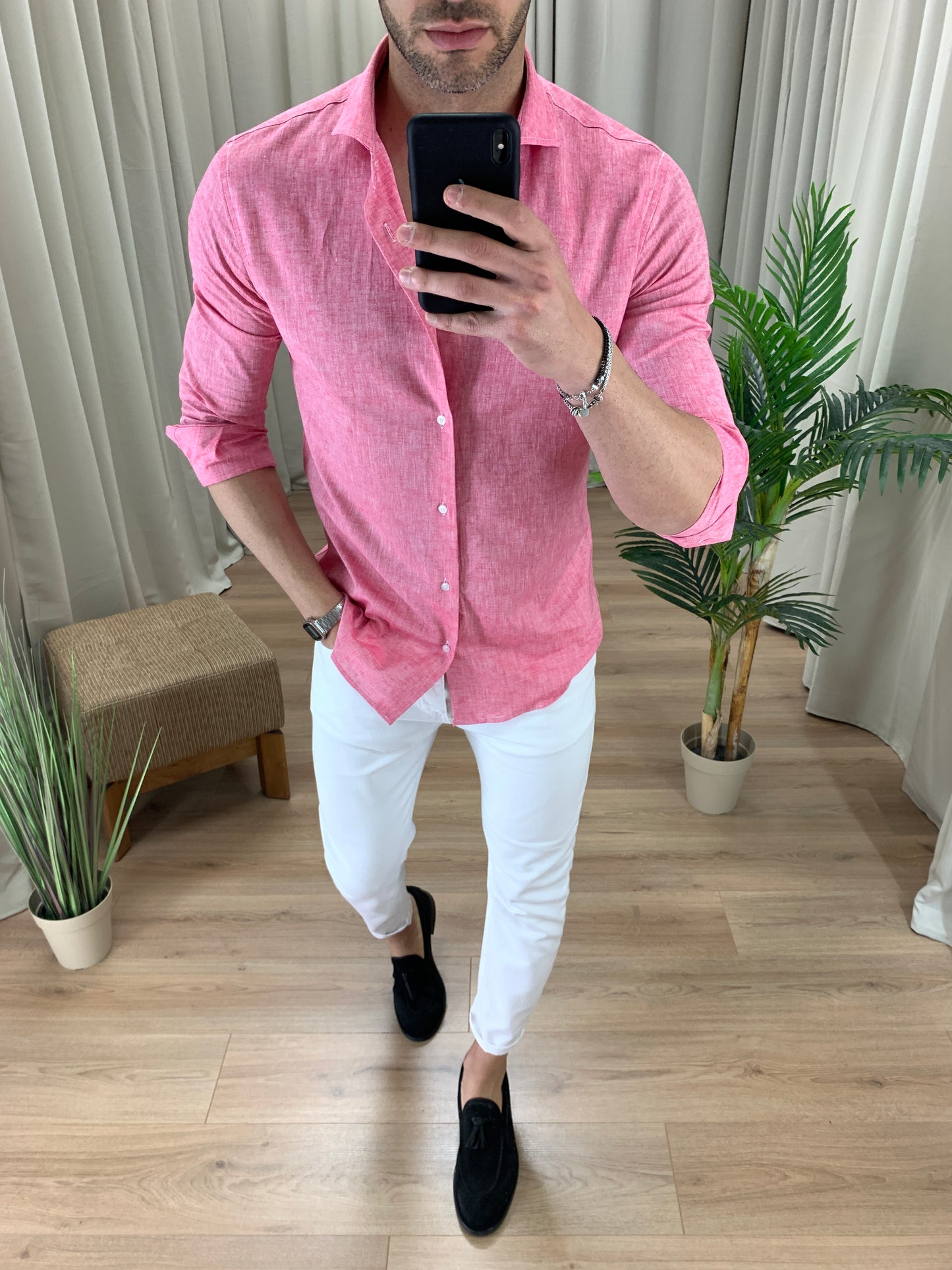 Camicia Capri in Lino collo classico col. Rosa Shock