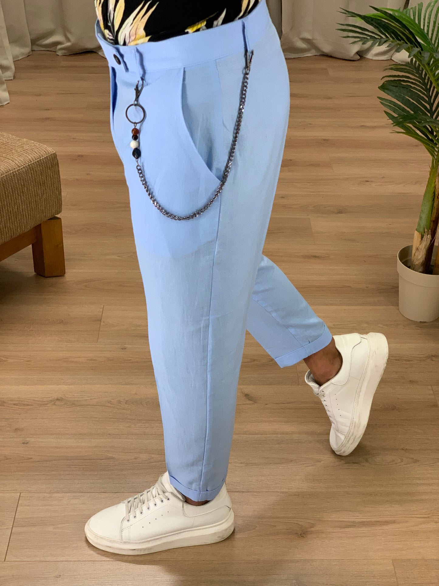 Pantalone Naama Bay in Lino con Catena col. Celeste