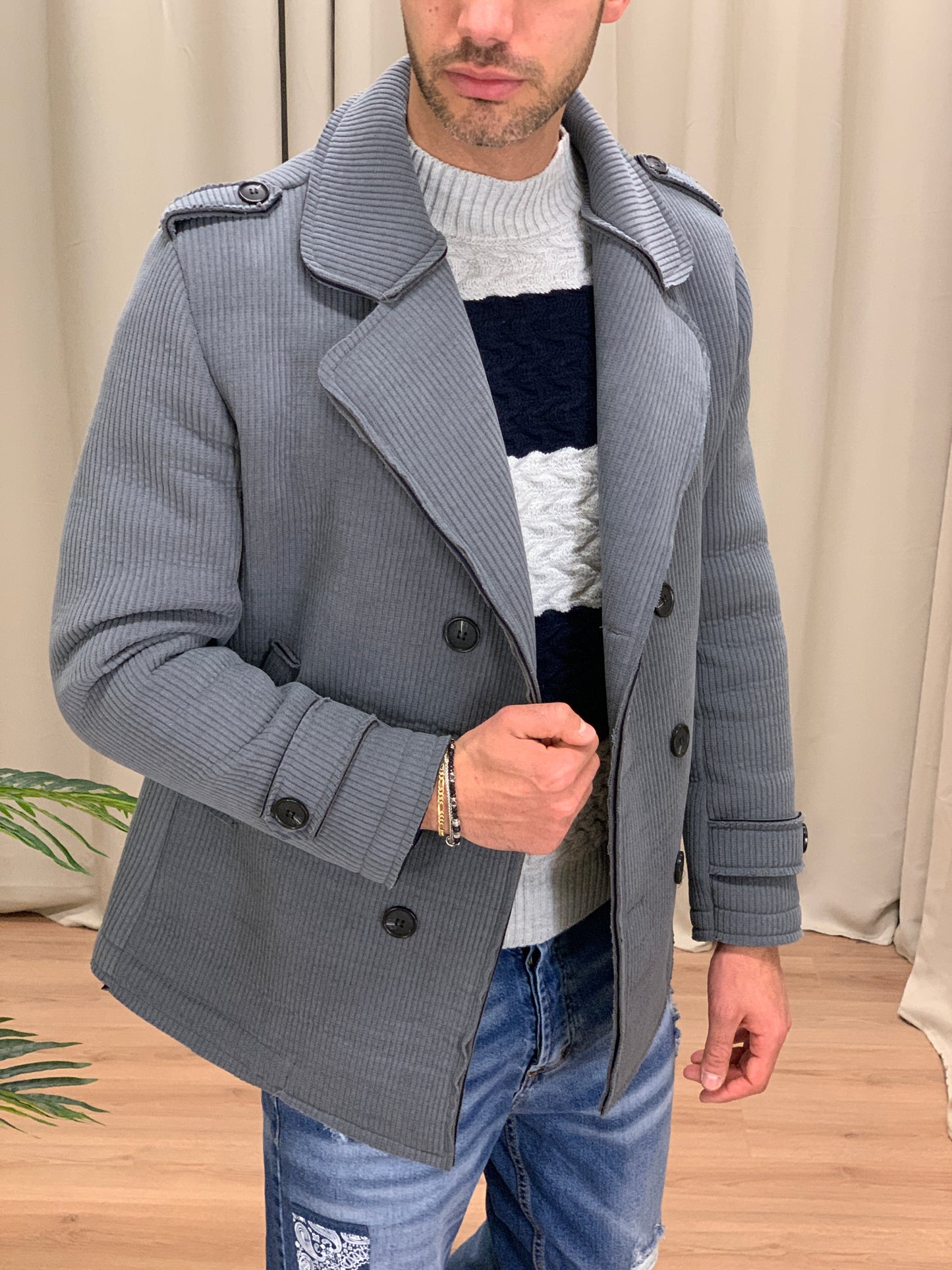 Cappotto Noes doppiopetto in Neoprene a Costine col. Grigio