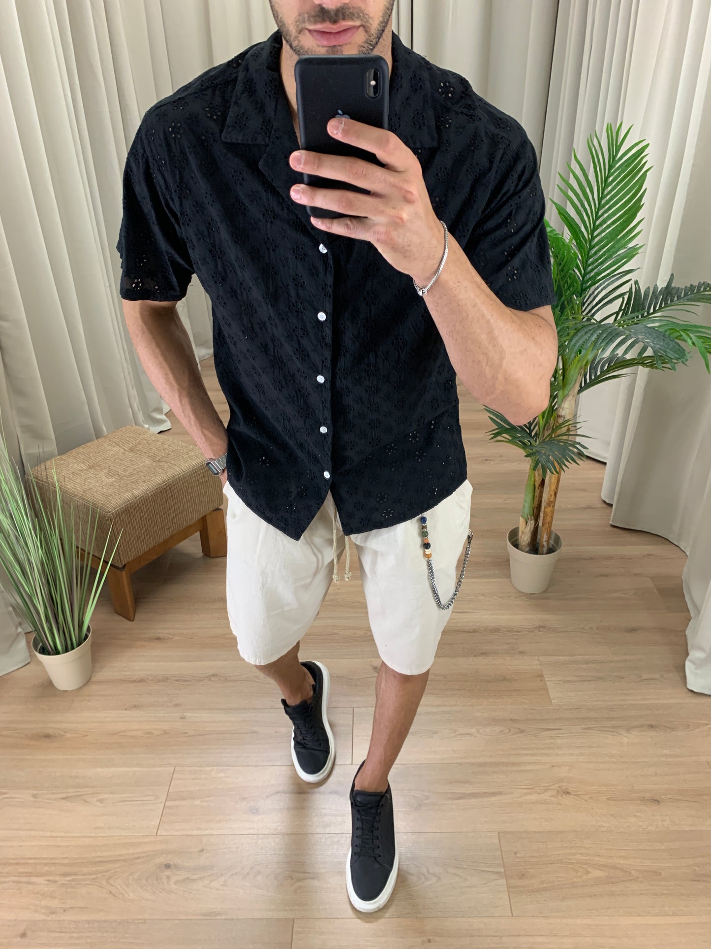 Camicia Jamal con Trama traforata col. Nero