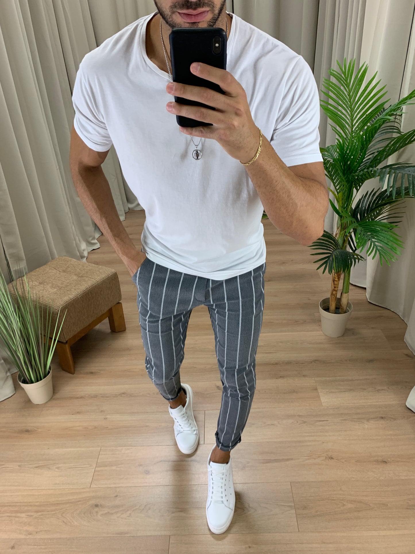 Pantalone Stretch Gessato Slim Fit col. Grigio
