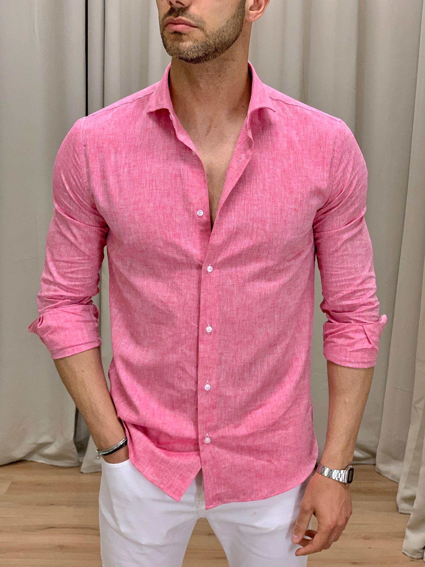 Camicia Capri in Lino collo classico col. Rosa Shock