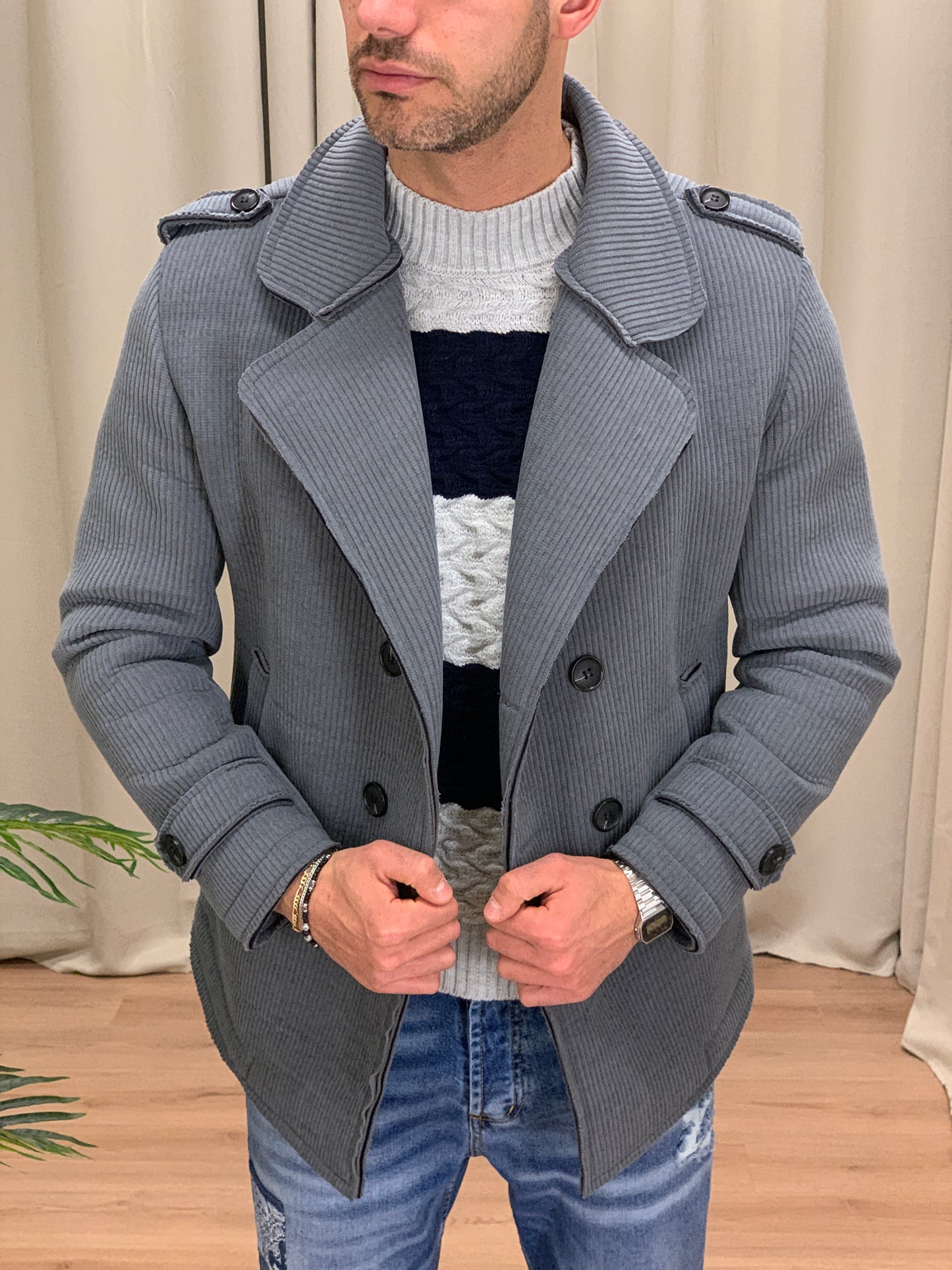 Cappotto Noes doppiopetto in Neoprene a Costine col. Grigio