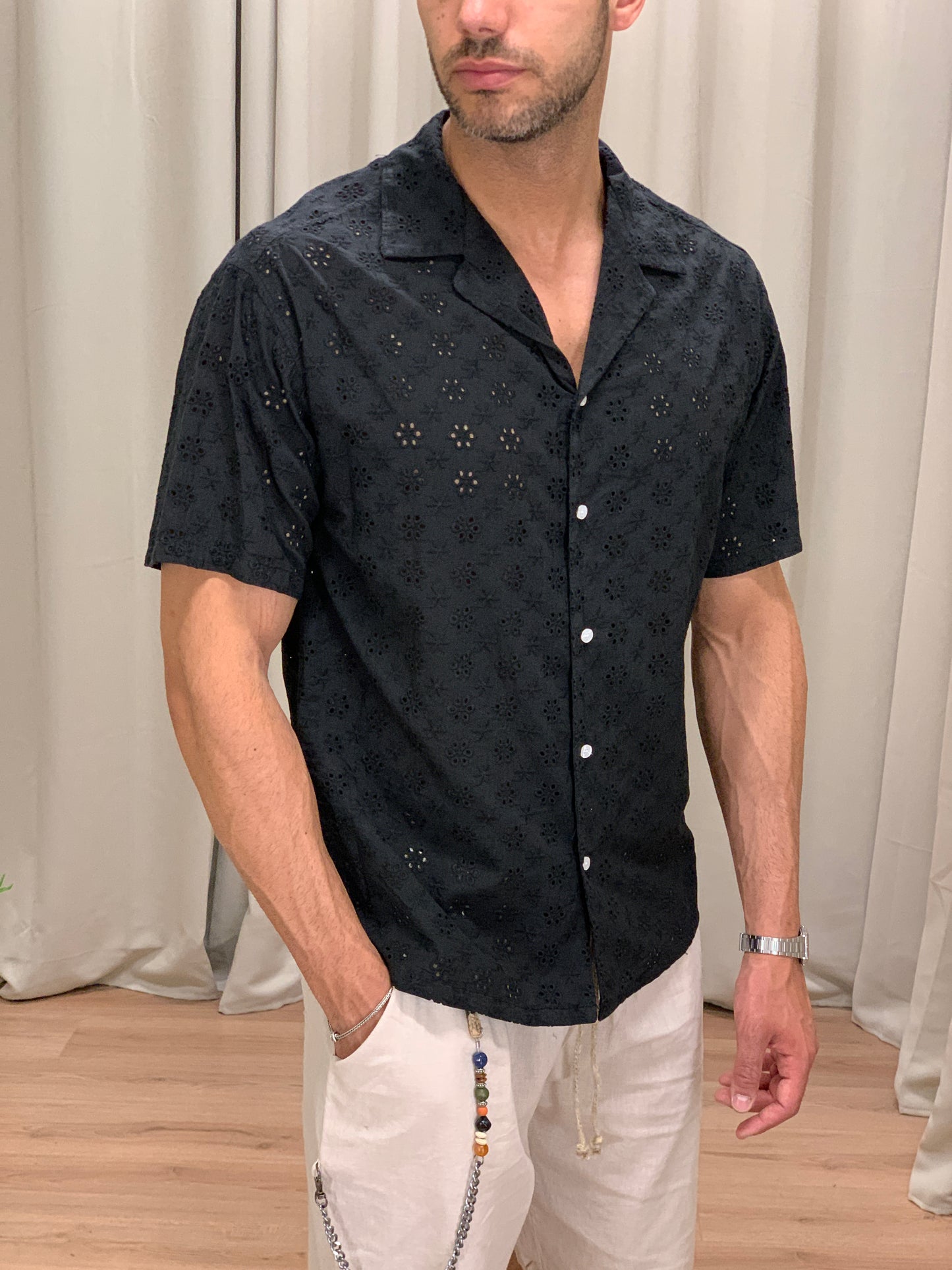 Camicia Jamal con Trama traforata col. Nero