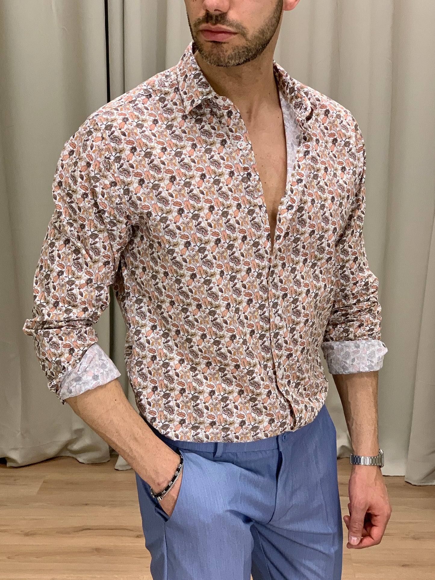 Camicia Foresta in Fiore in Cotone con Fantasia col. Bianco