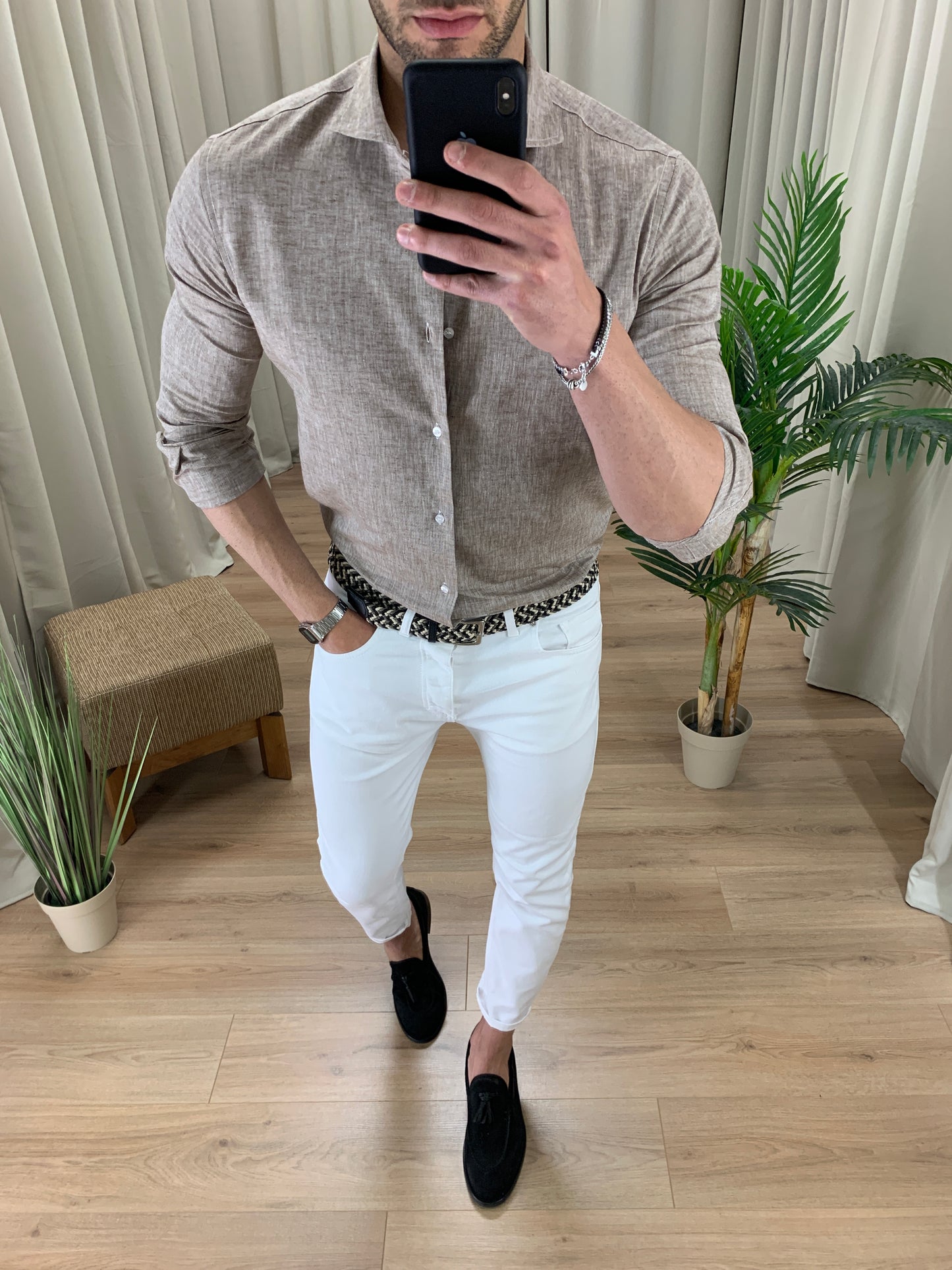 Camicia Capri in Lino collo classico col. Tortora