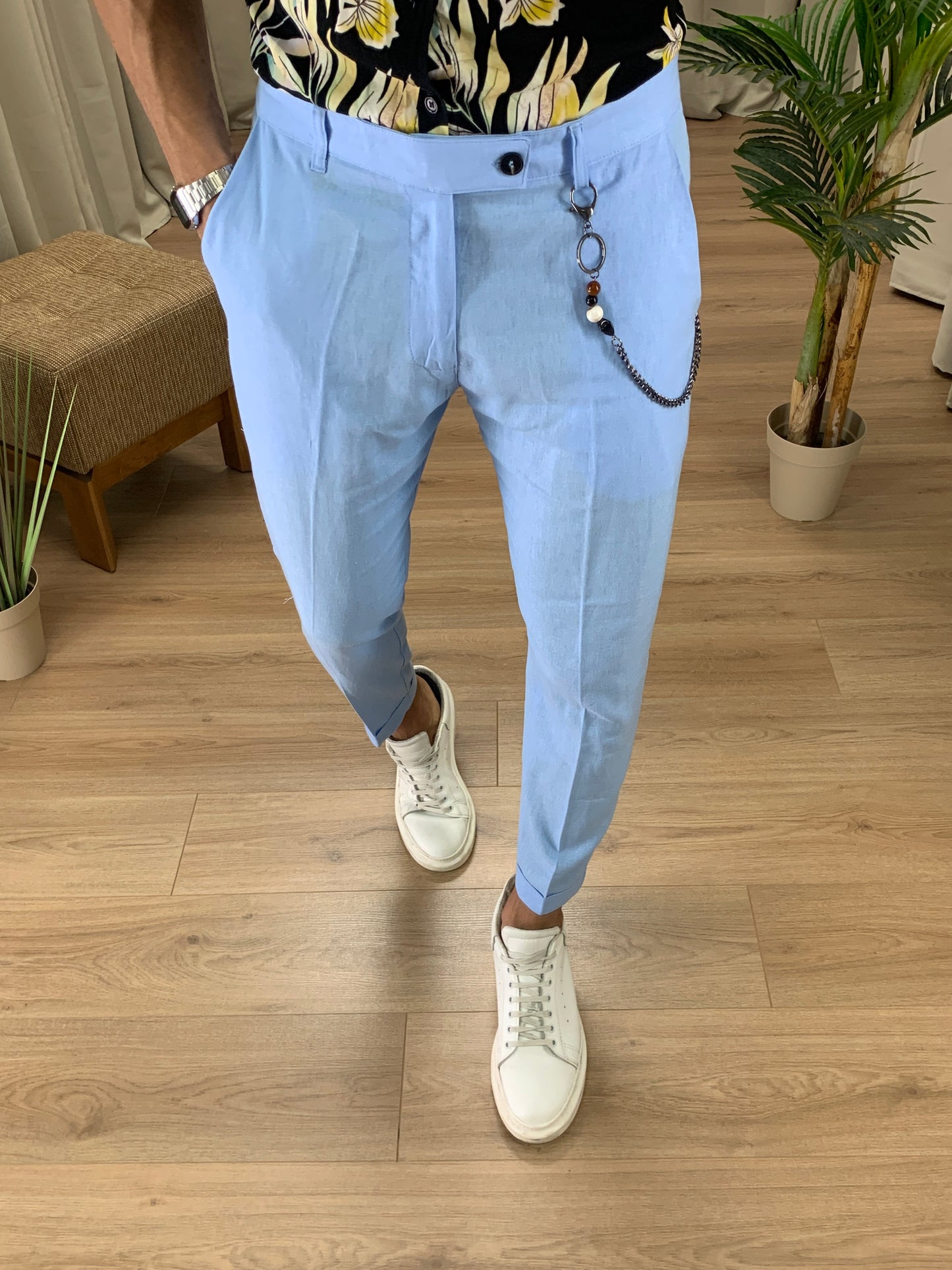 Pantalone Naama Bay in Lino con Catena col. Celeste